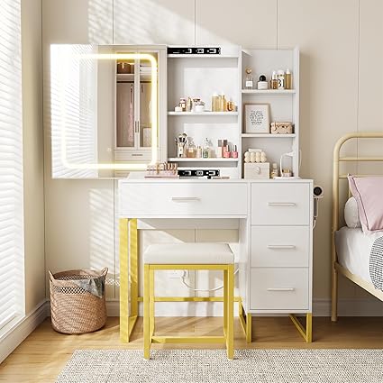 Vanity Desk, Makeup Vanity Desk with Mirror and Lights, Power Outlets, Cushioned Chair, Hairdryer Holder, 3 Lighting Colors, 4 Drawers and 5 Storage Shelves for Bedroom