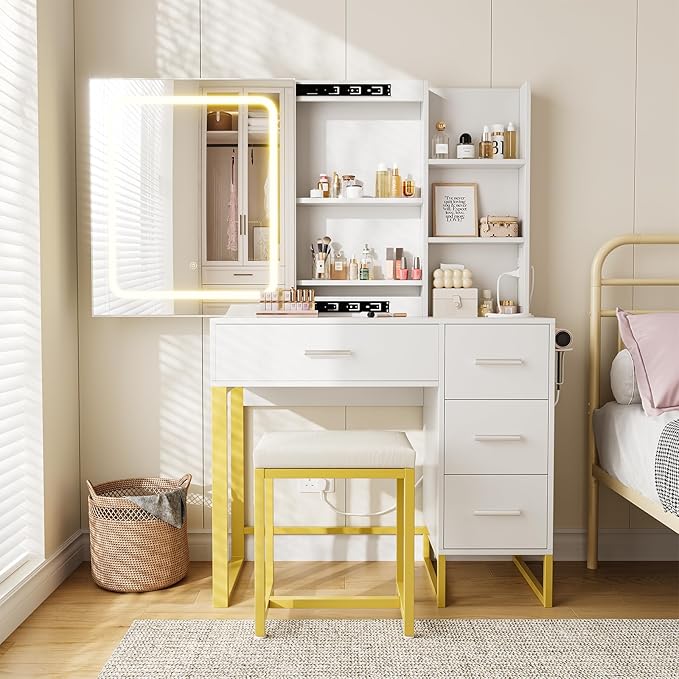 Vanity Desk, Makeup Vanity Desk with Mirror and Lights, Power Outlets, Cushioned Chair, Hairdryer Holder, 3 Lighting Colors, 4 Drawers and 5 Storage Shelves for Bedroom
