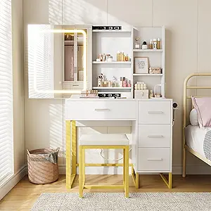 Vanity Desk, Makeup Vanity Desk with Mirror and Lights, Power Outlets, Cushioned Chair, Hairdryer Holder, 3 Lighting Colors, 4 Drawers and 5 Storage Shelves for Bedroom