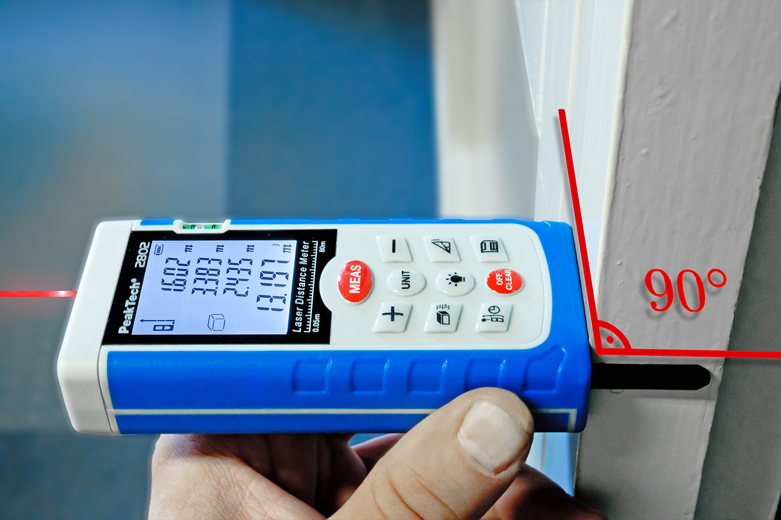 PeakTech, Medidor de distancias LÁSER de calidad 0,05M ... 60 M, con pantalla LCD iluminada y nivel de burbuja, 1 unidad, P 2801