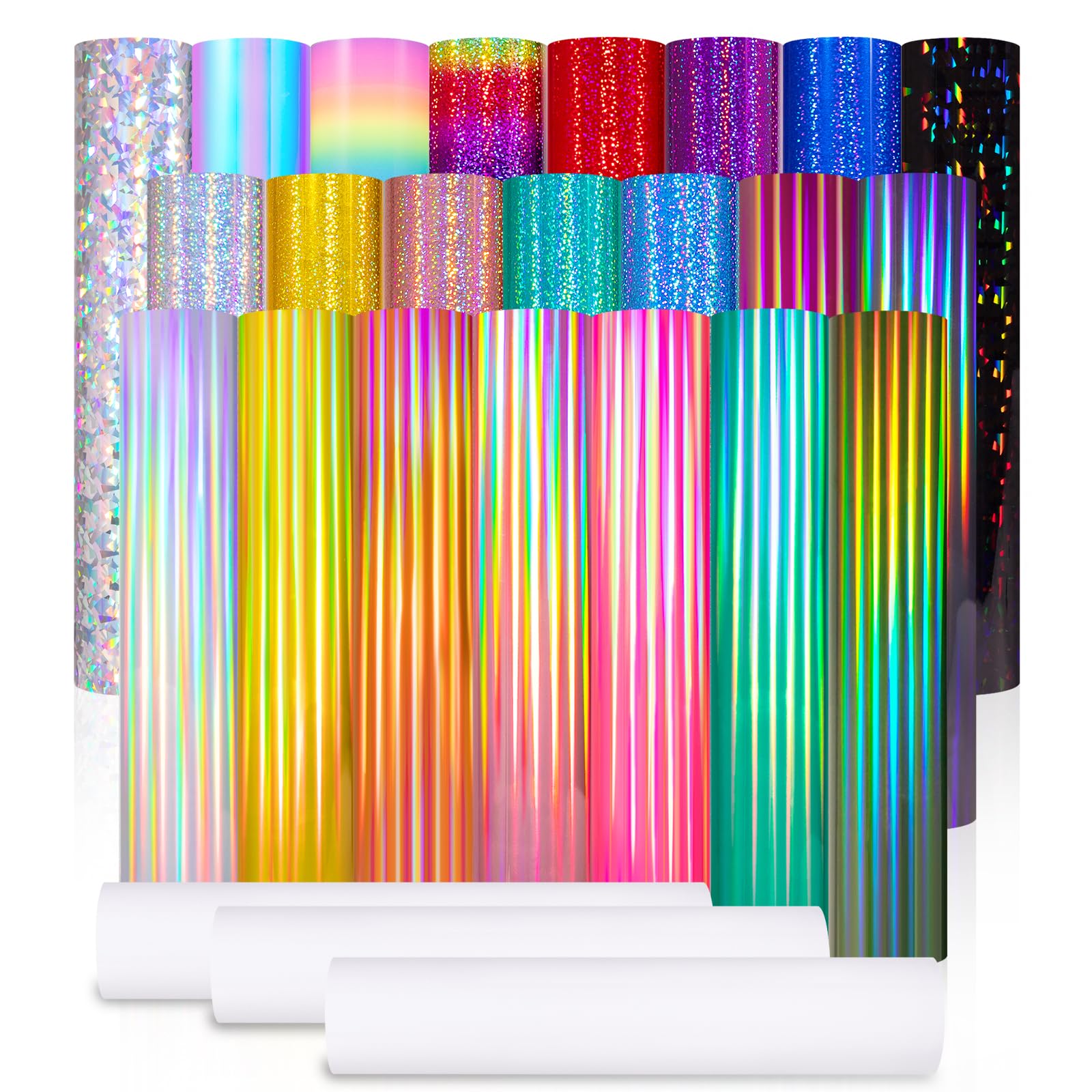 Holographic Permanent Vinyl Bundle 25 Pack Rainbow Permanent Adhesive Vinyl Sheets 22 Assorted Colors Self Adhesive Vinyl with 3 Transfer Tape for DIY Deco Sticker Projects