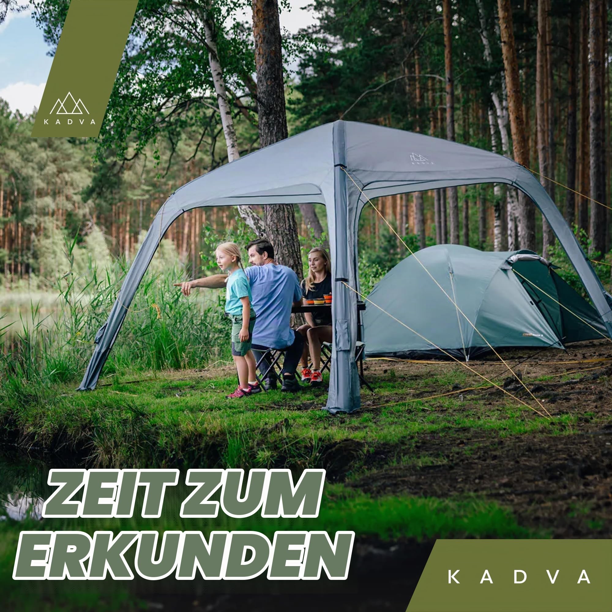 KADVA AIRcamp Base Zelt Überdachung Wasserdichtigkeit 1000 mm Geklebte Nähte Tunnelkonstruktion 3 aufblasbare Bögen Maße 350x350x210 cm Inklusive Pumpe UPF 50+ Haken Farbe Grün