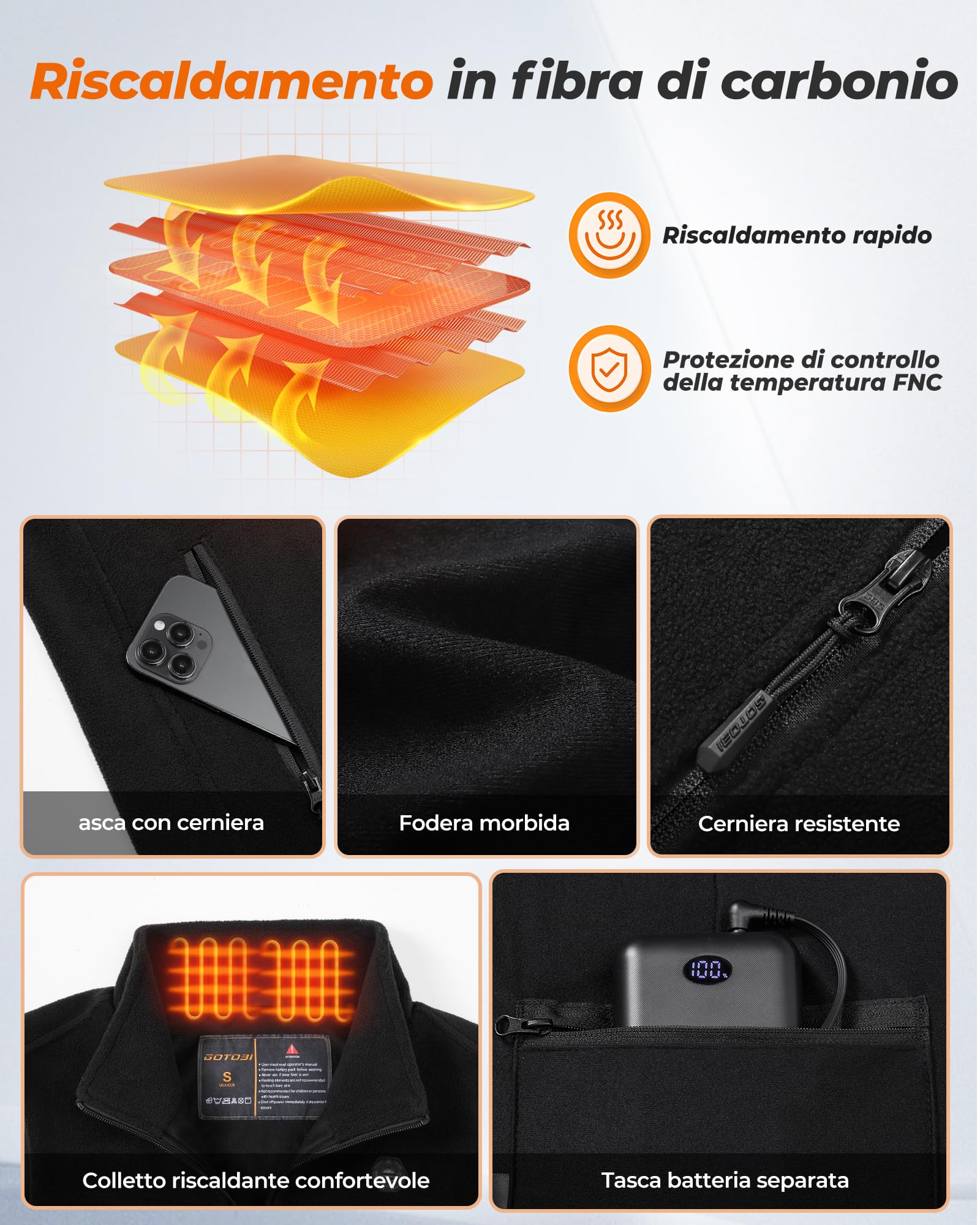 GOTOBI Pile Gilet Riscaldato Uomo Con Batteria 16000mah 7,4v- Gilet Riscaldante Con 9 Zone Di Riscaldamento E 3 Temperature Regolabili,Gilet Termico Per Uomo Per Attività Outdoor,Nero
