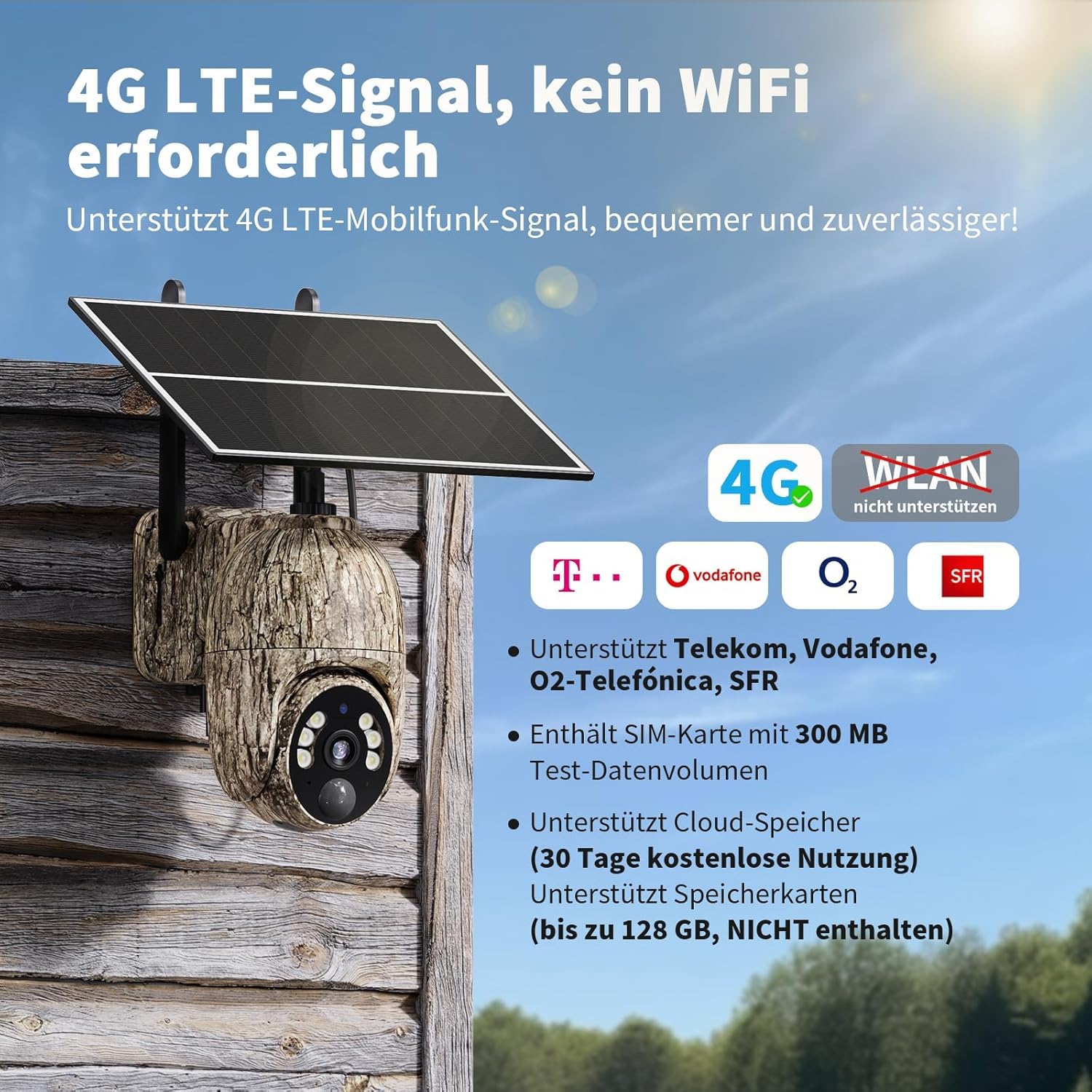 4G LTE Wildkamera mit SIM Karte, 2K Solar Wildtierkamera mit Handyübertragung App, Kabellos Überwachungskamera Aussen Akku mit Farbnachtsicht, PIR-Erkennung, 2-Weg-Audio, IP66, ​2 STK