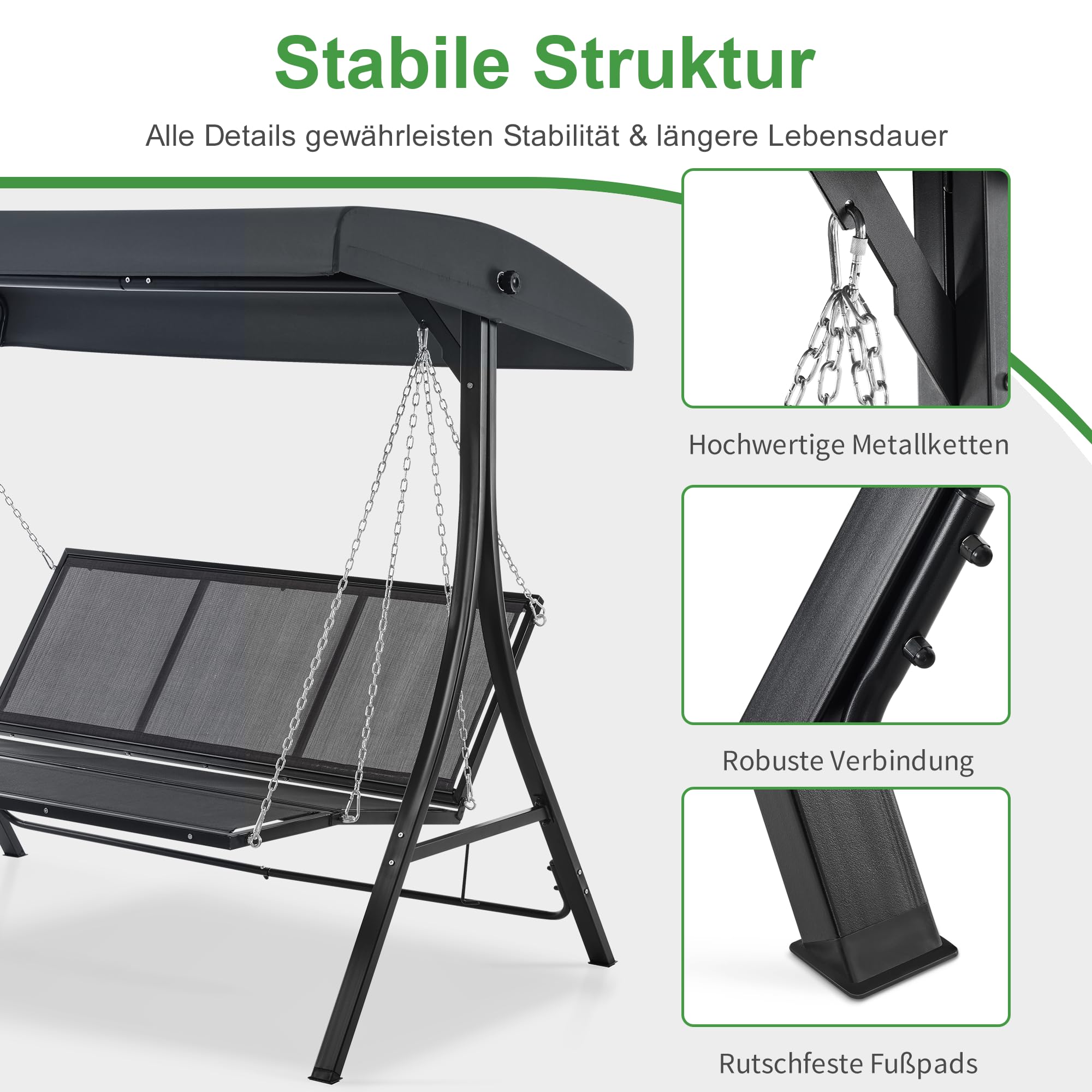 M MCombo Hollywoodschaukel mit Liegefunktion, Gartenschaukel 3 Sitzer Wetterfest, Outdoor Schaukelbank mit Metallketten, Verstellbarem Dach, 123 * 194 * 169 cm, 8018 (Dunkgelgrau)