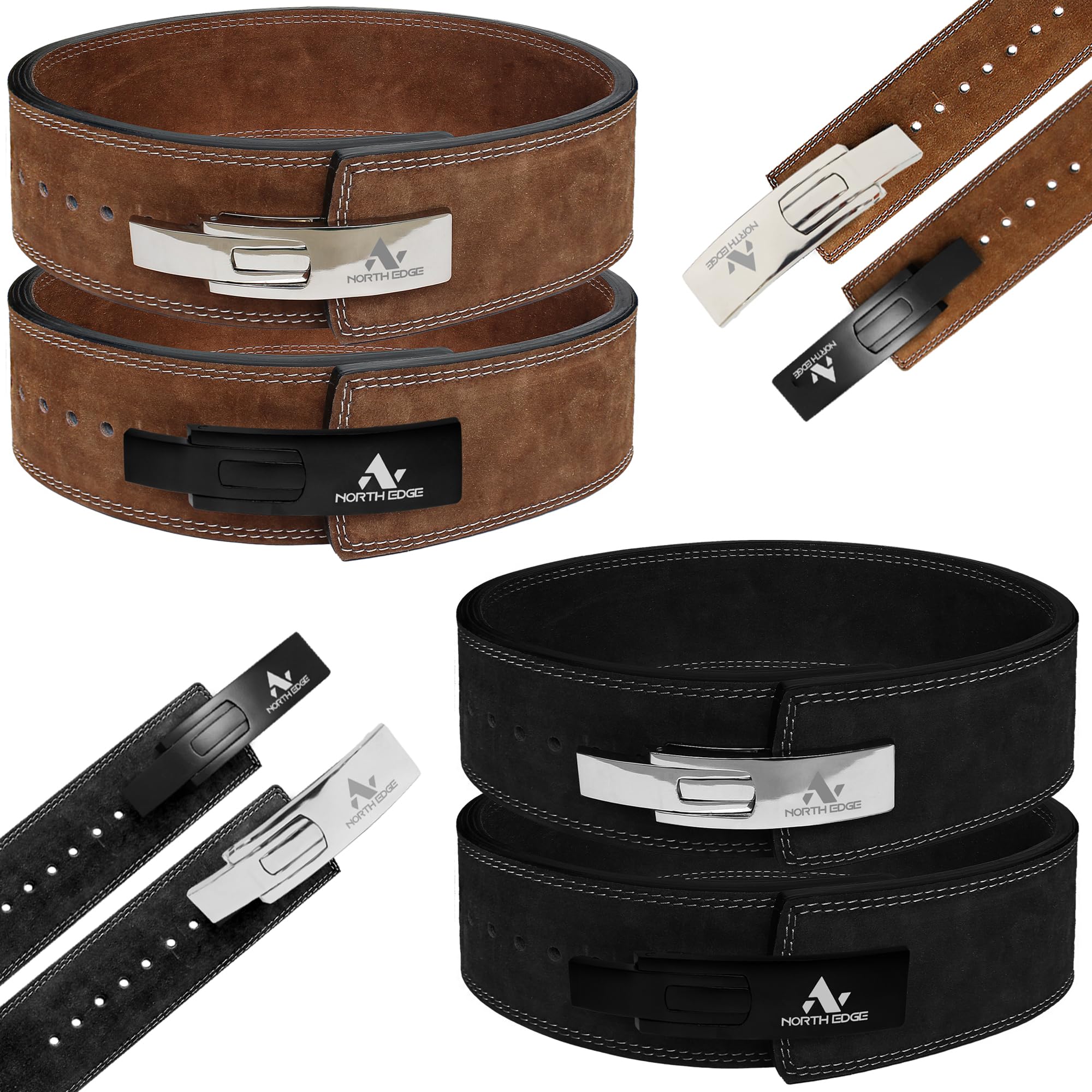 NORTH EDGE Weight Lifting Belt Gym Fitness, Cowhide Leather, 4” 10-12mm Back Support,10 Adjustable Holes Powerlifting Bodybuilding Deadlift Squat Workout Strength (Black with Black Buckle, L)