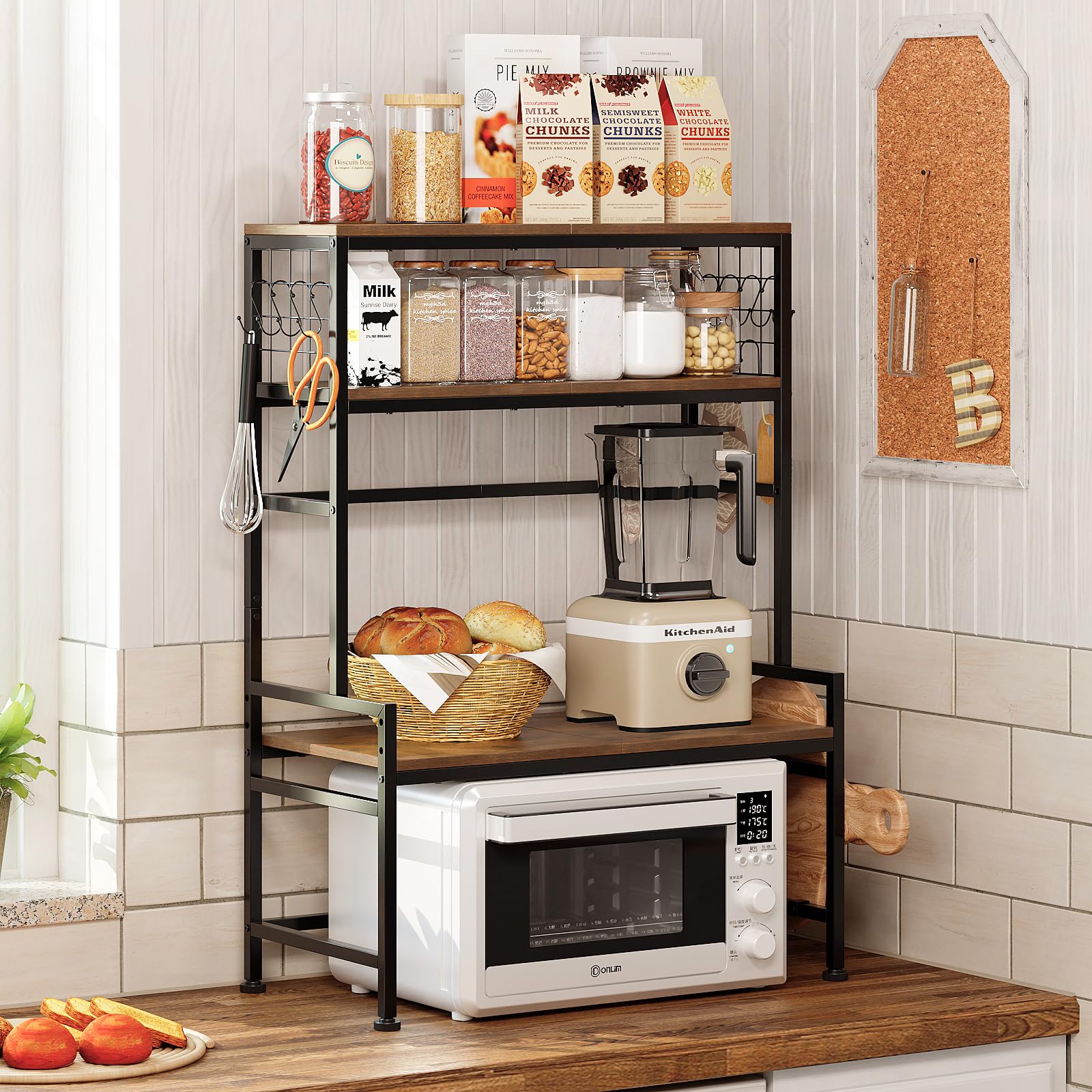 Tohomeor Étagère pour micro-ondes, étagère de cuisine avec support pour micro-ondes avec compartiment réglable et 10 crochets, étagère de boulangerie peu encombrante pour les casseroles, poêles