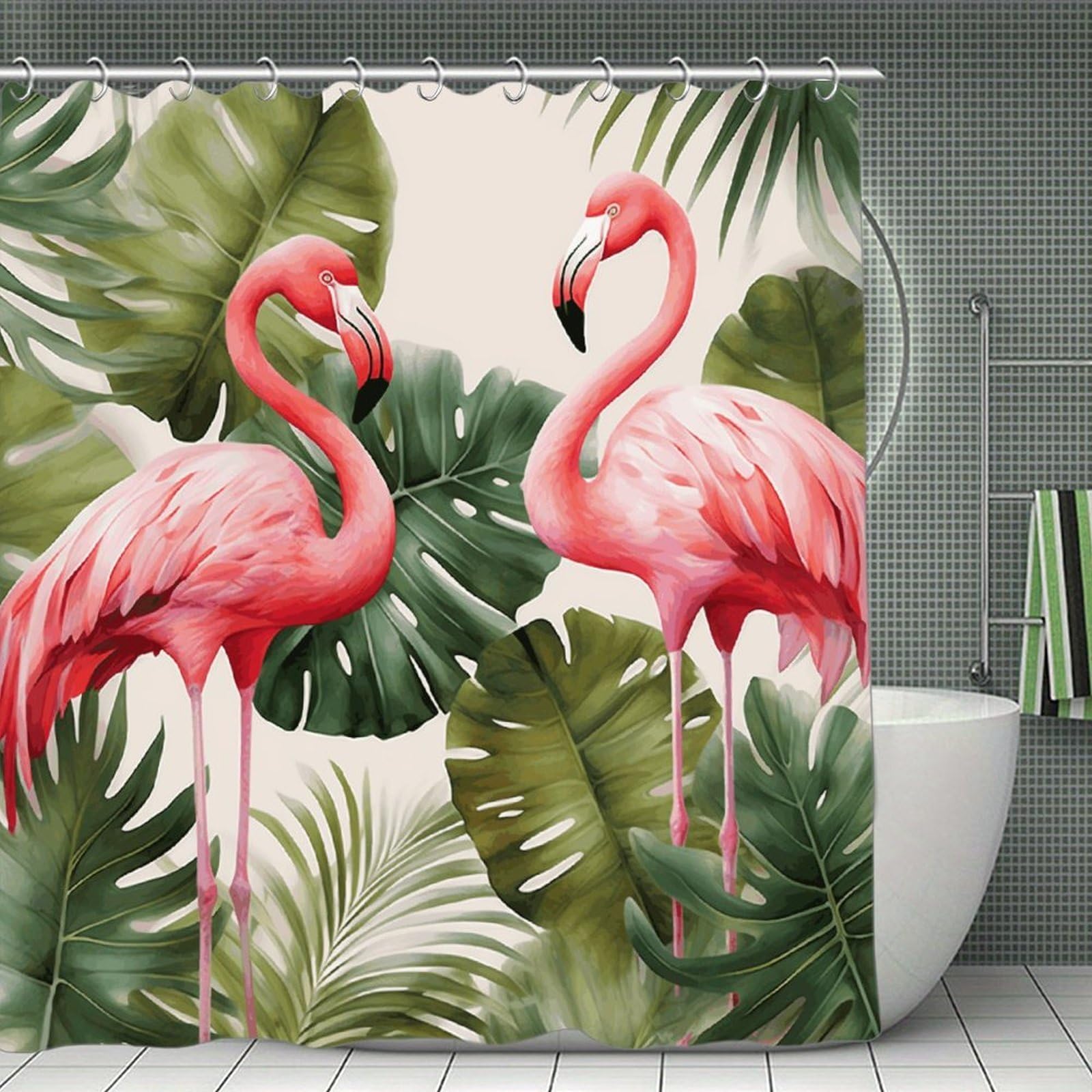 VstaDank Flamingo Palm Trees Leaf Shower Curtain Waterproof Bathroom Curtain with Hooks Luxury Weighted Bath Curtains for Bathtubs Showers Room Dividers Decorative Shower Curtains 71x71 in