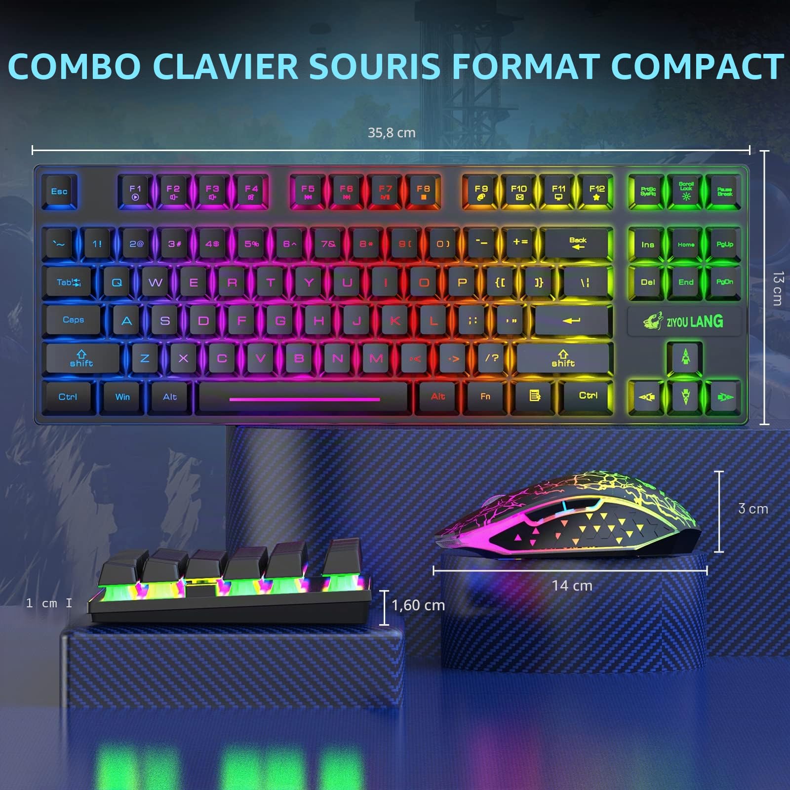 T87 Clavier sans fil 87 touches + souris optique LED arc-en-ciel 2400 DPI 6 boutons – Clavier mécanique rétroéclairé arc-en-ciel avec tapis de souris de jeu gratuit (noir)
