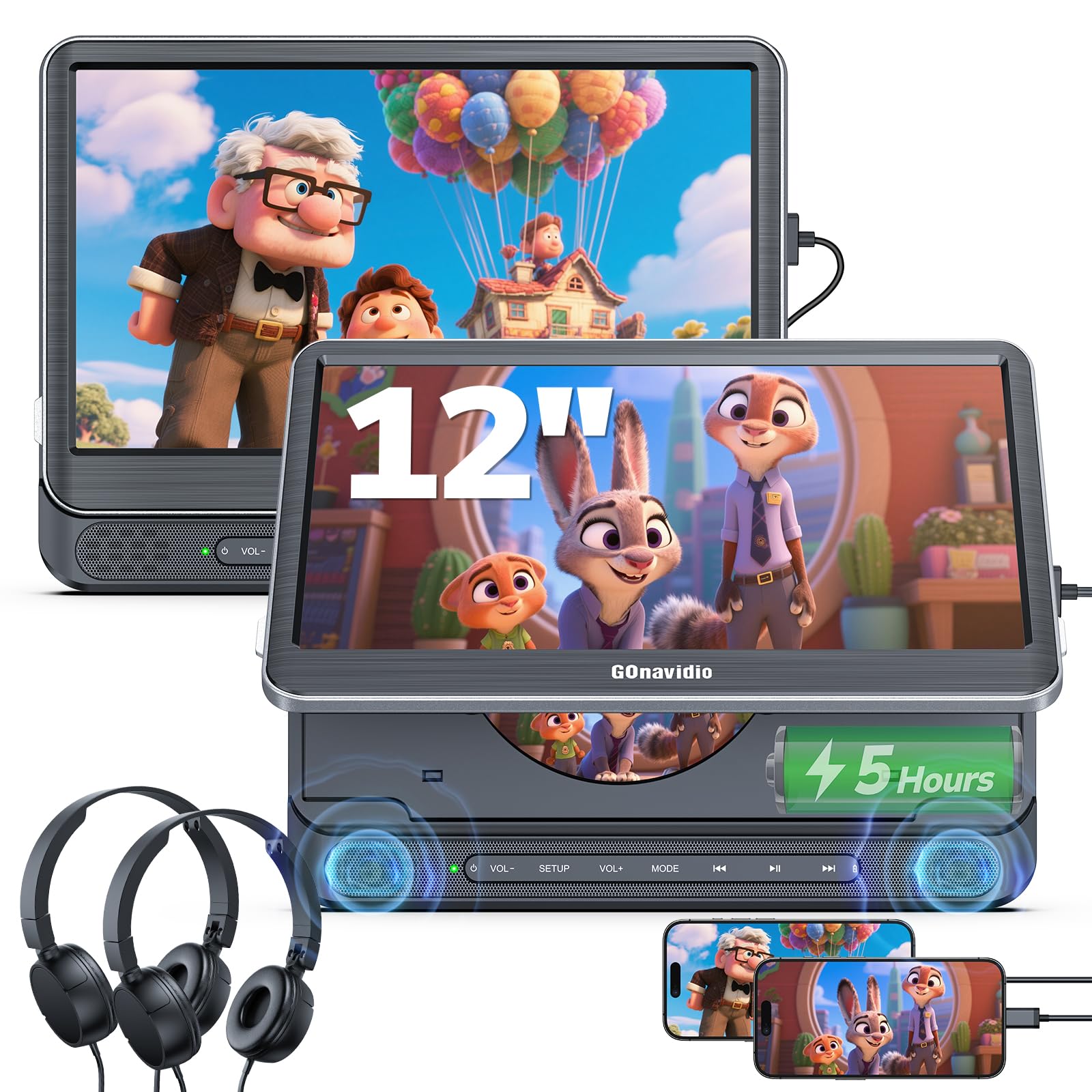 GOnavidio 30,5 cm Dual-Auto-DVD-Player mit HDMI-Eingang, Kopfstützen-DVD-Player für Auto mit Kopfhörern, 5-Stunden-Batterie, 1366 * 768 Bildschirmspiegelung, USB/TF-Leser, MP4/MKV, Regionenfrei