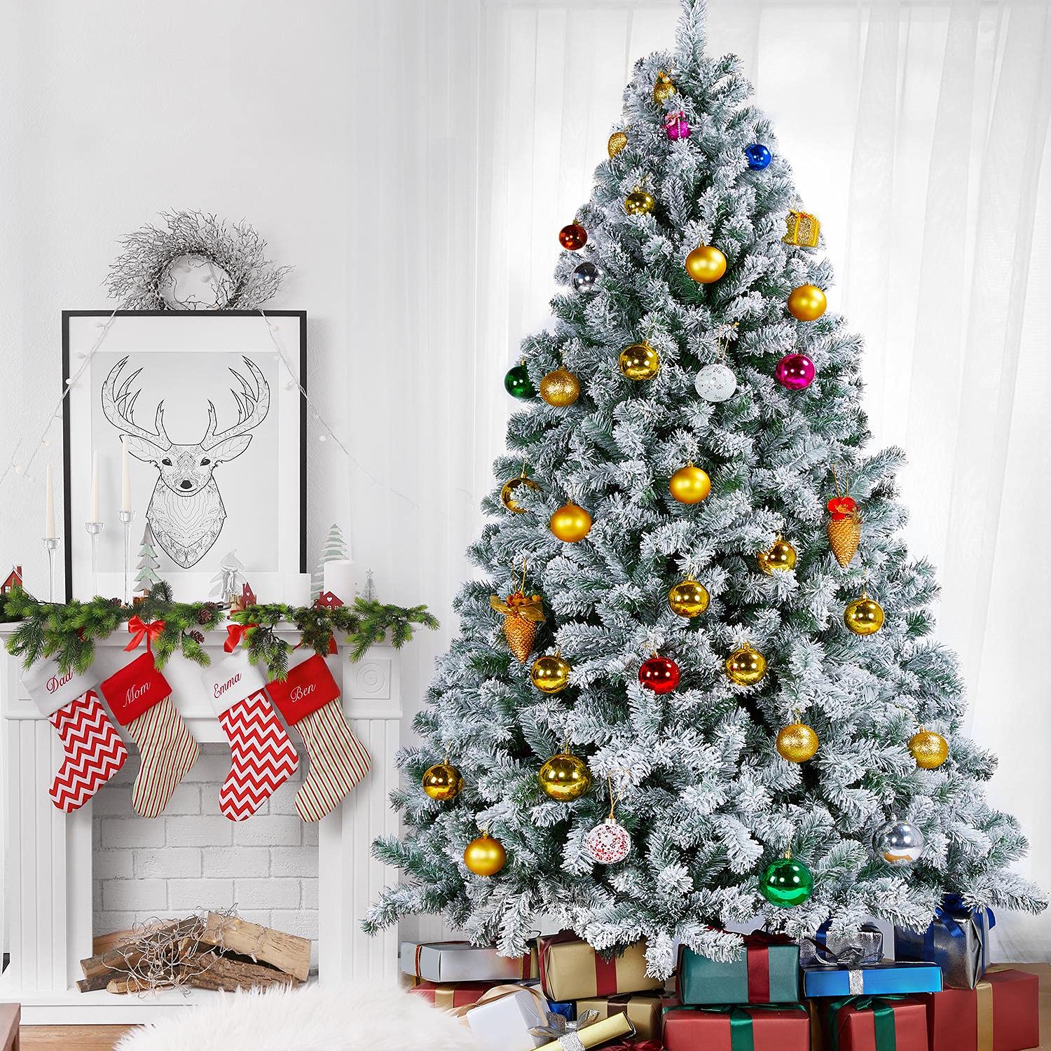 Yaheetech Albero di Natale Innevato Artificiale 228 cm Effetto Realistico Folto 1284 Rami con Supporto in Metallo Pieghevole Decorazioni Nataliaze Bianco