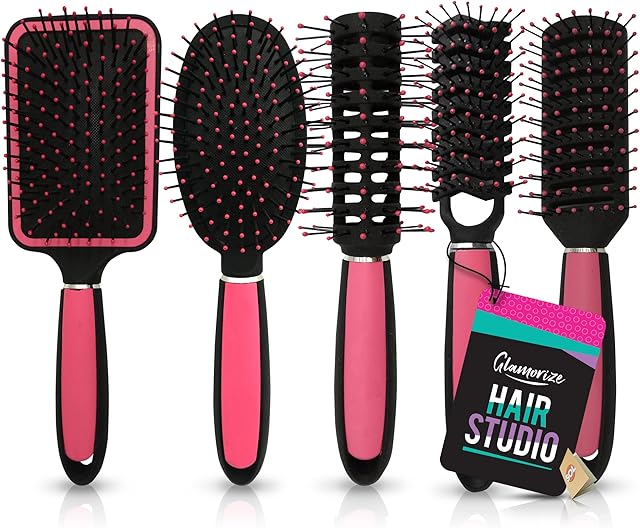 5pk Hair Brush Set | Hairbrushes for Women | Paddle Brush, Cushion Brush, Zig Zag Brush, Round Brush & Vented Hair Brushes for Women | Hair Brush Sets for Women | Hair Brush Women | With SOL Notebook