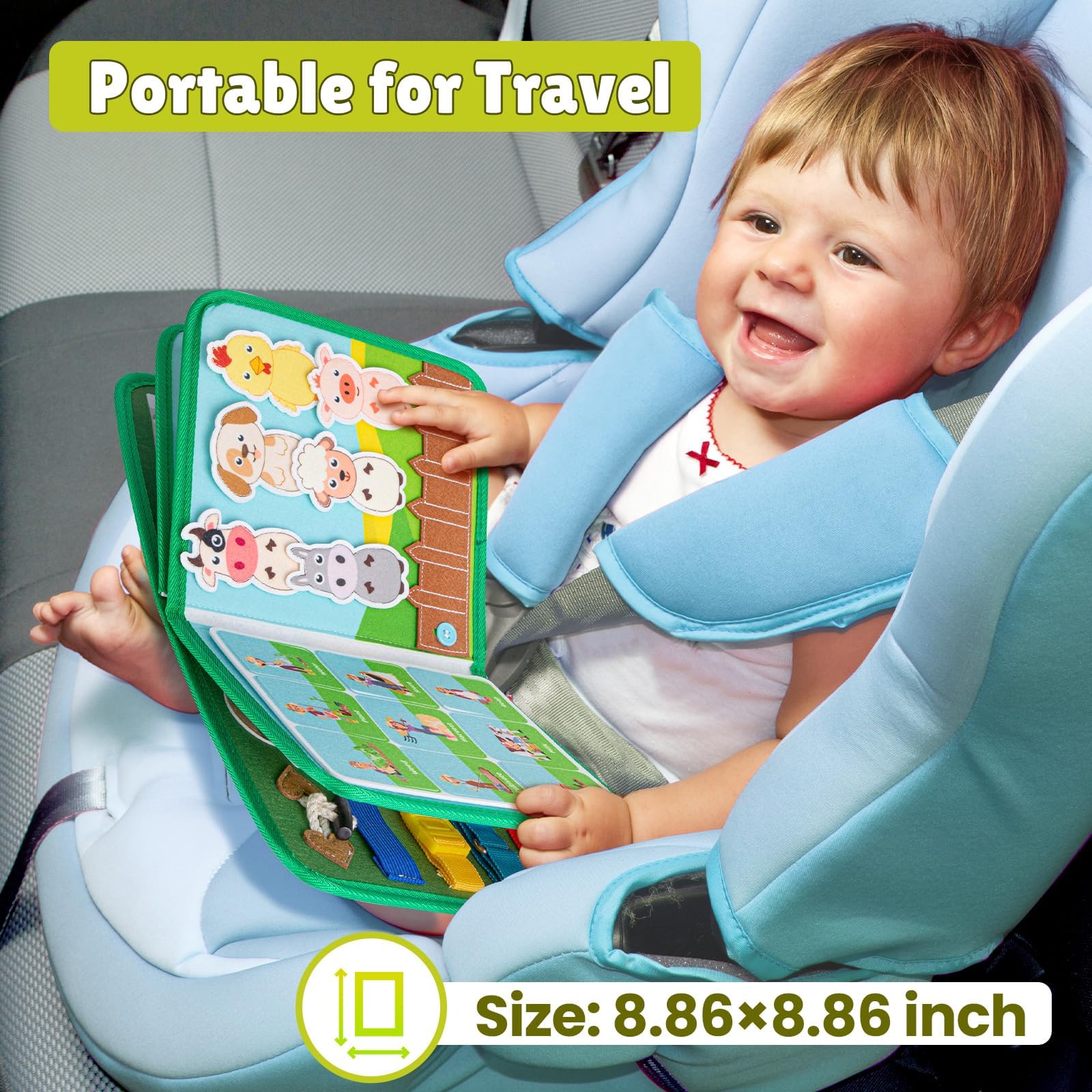 Quanquer Busy Book per Bambini Piccoli Farm Busy Board Giocattolo Montessori per Bambini di 1 2 3 4Anni Attività di Apprendimento Prescolare Giocattoli da Viaggio per Bambini Piccoli（Versione Inglese）