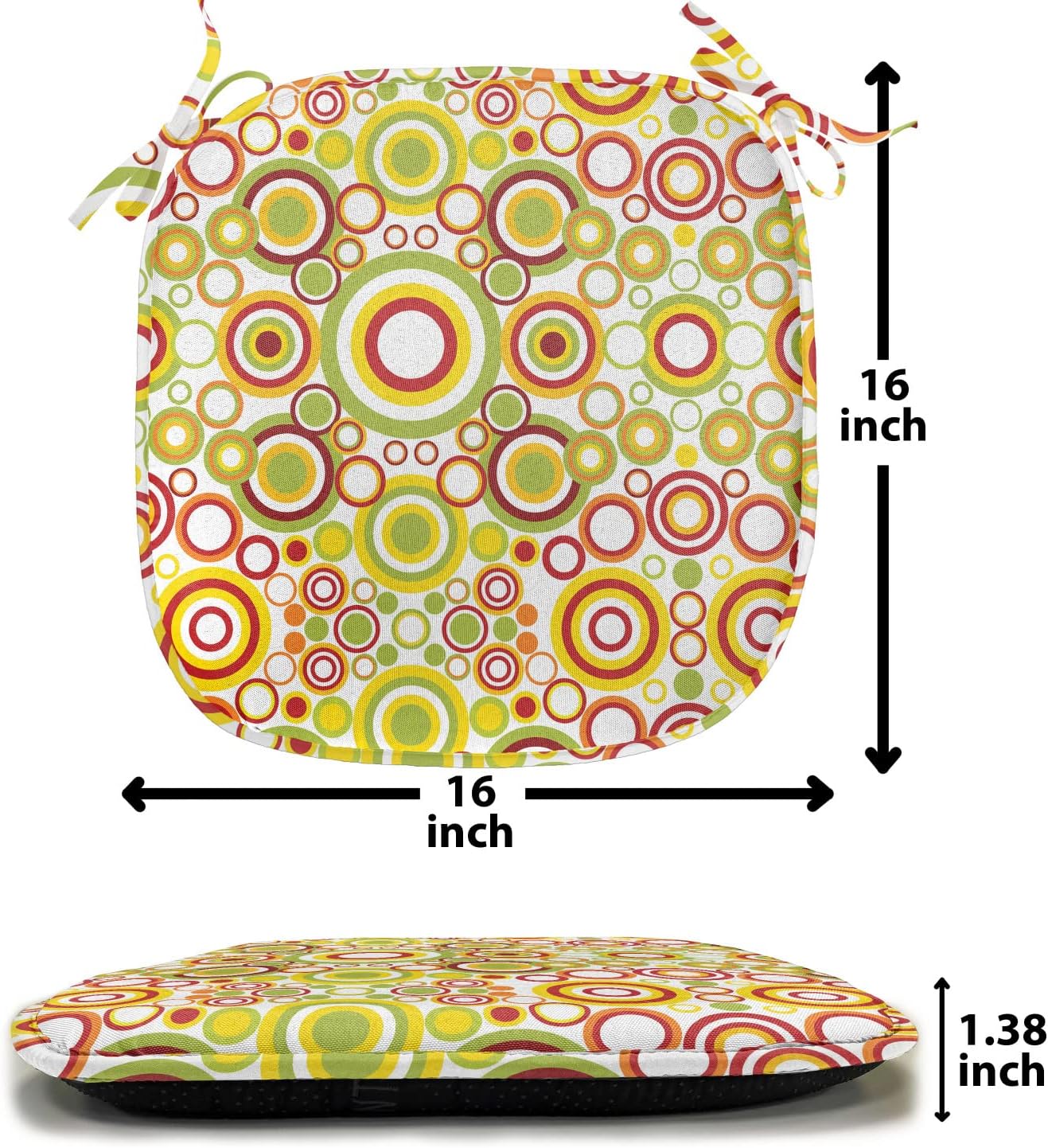Lunarable Geometric Chair Seating Cushion Set of 12, Circles Round Disk Disc Shapes Dots Swatches in Contrast Design Colorful Print, Anti-Slip Seat Padding for Kitchen & Patio, 16"x16", Multicolor
