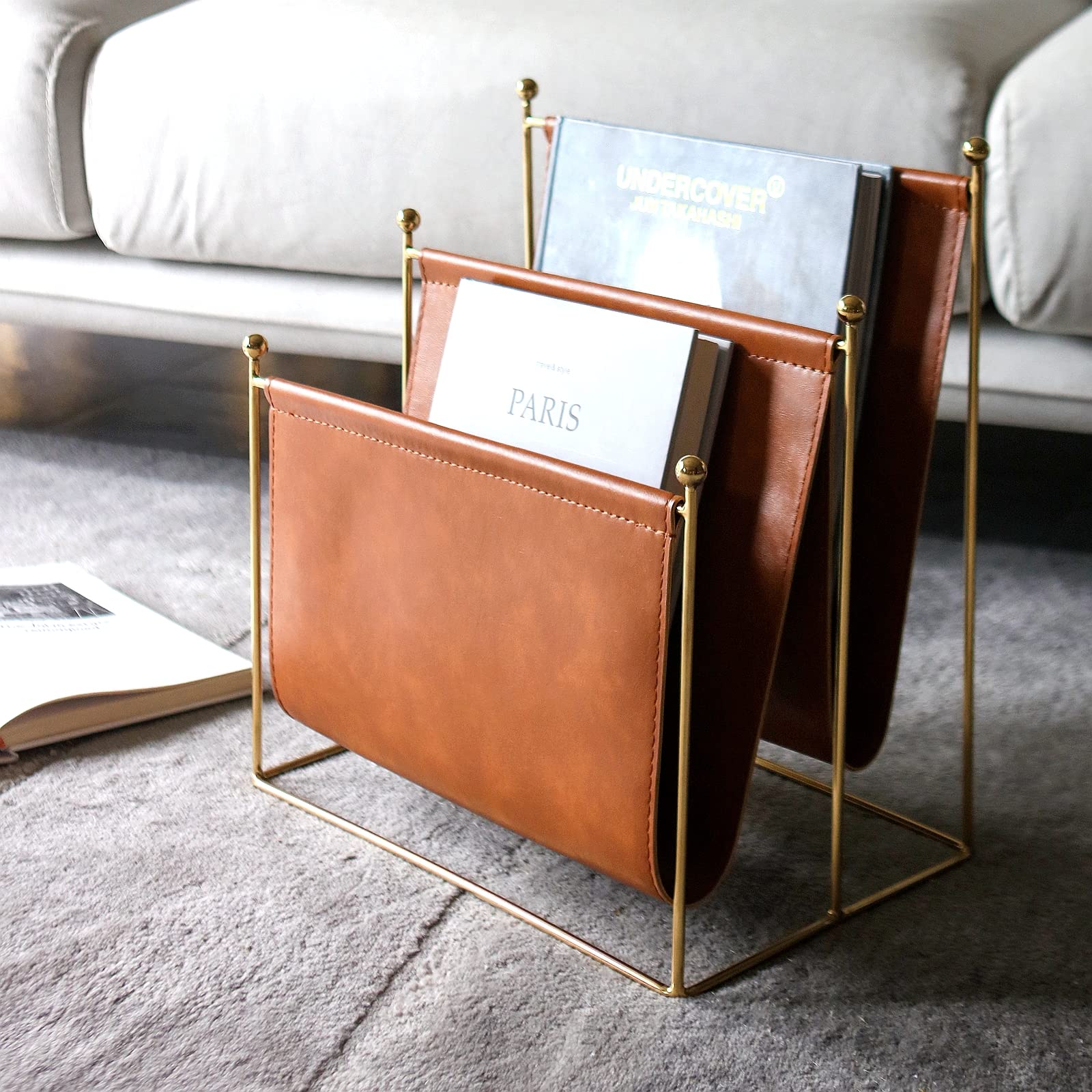 Portariviste in filo metallico placcato e pelle artificiale, rack a 2 scomparti per riviste, libri, giornali, decorazione domestica