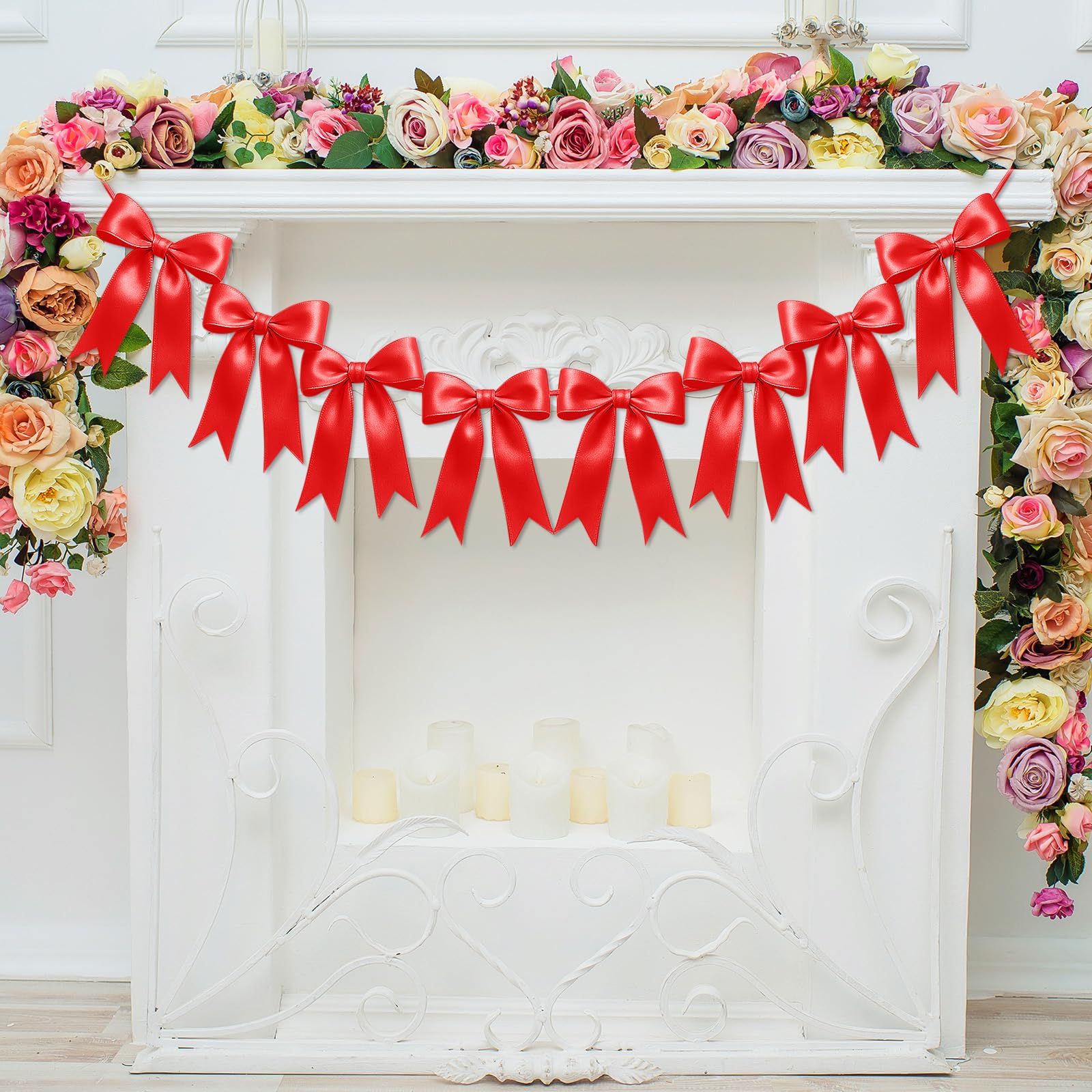 1 String of 8PCS Red Bow Garland Banner Decoration,Pre-Strung Satin Ribbon Ornaments for Birthday,Bachelorette Party, Bridal Shower,Wedding,Engagement, Baby Shower,Graduation Decor,Valentine's Day