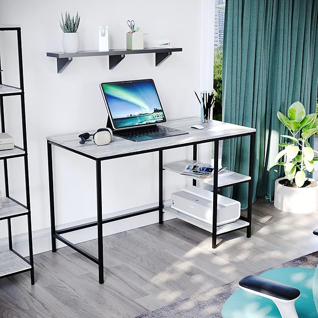 Vida Designs Brooklyn Desk 2 Shelves Computer PC Laptop Table Shelf Shelving Home Office Storage Industrial Furniture (Grey)