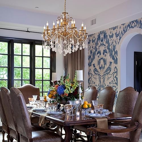 Miniatura 10 de Candelabros de cristal clásicos de 8 luces estilo vela tradicional para comedor, sala de estar, dormitorio, entrada, acabado dorado antiguo