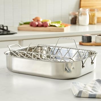 Amazon Basics Stainless Steel Rectangular Roasting Pan with Rack, Turkey Roaster, Dishwasher Safe, Easy to Clean, Oven Safe, 16 in