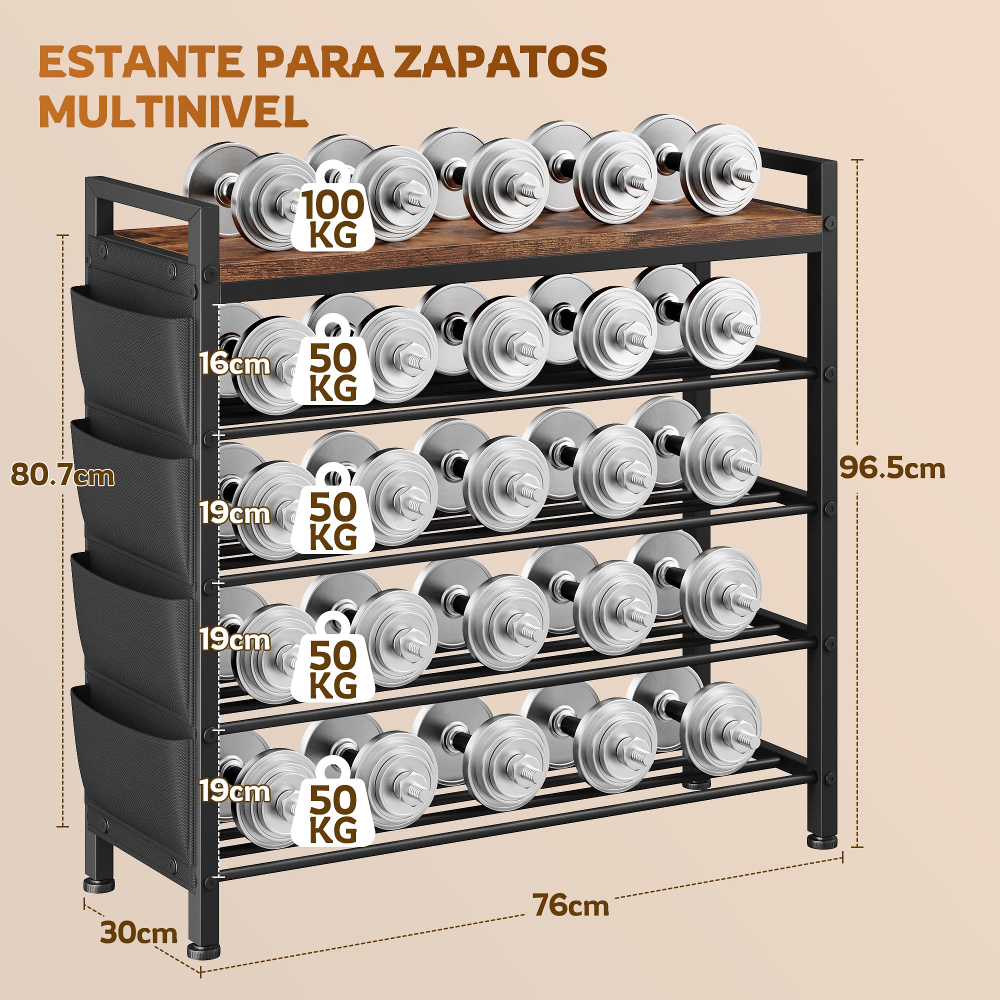 Zapatero Estrecho 5 Niveles, Zapatero metalico Madera sólido y fácil de Limpiar, Zapatero Entrada recibidor con Bolsillos Laterales, para 16-20 Pares, 30 x 76 x 96,5 cm, para Entrada y Pasillo
