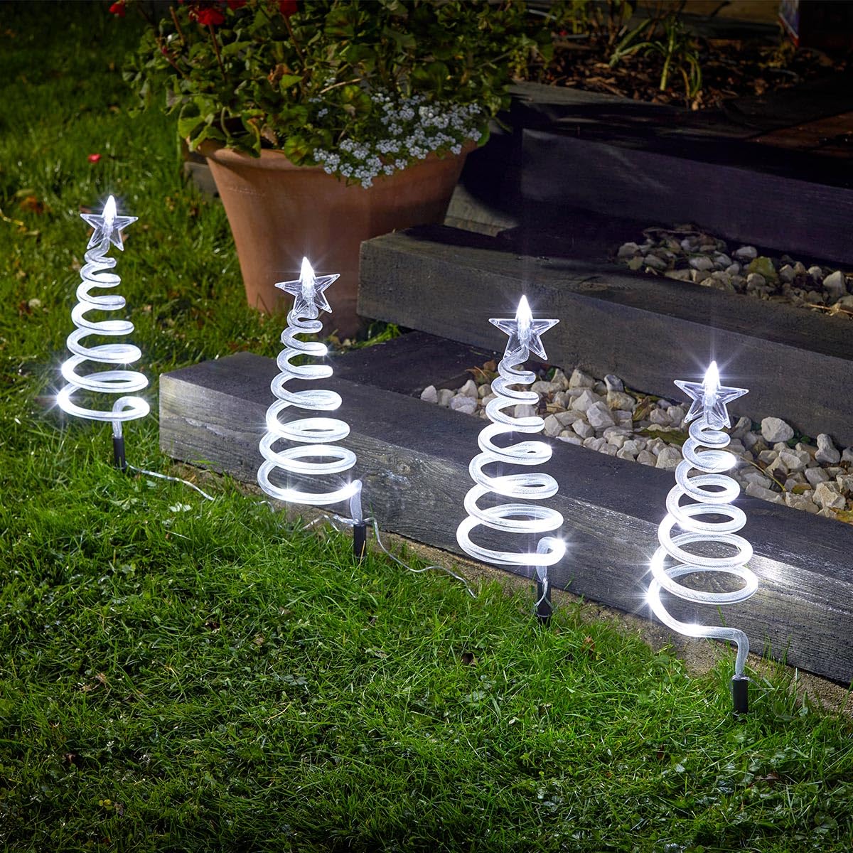 Festive Lights - 4 Pack 50cm Cool White Spiral Christmas Tree Stake Lights – Battery Powered Outdoor Decoration, 40 LEDs, Black Cable, 6 Hour Timer Function, IP44 Rated Garden Pathway Display