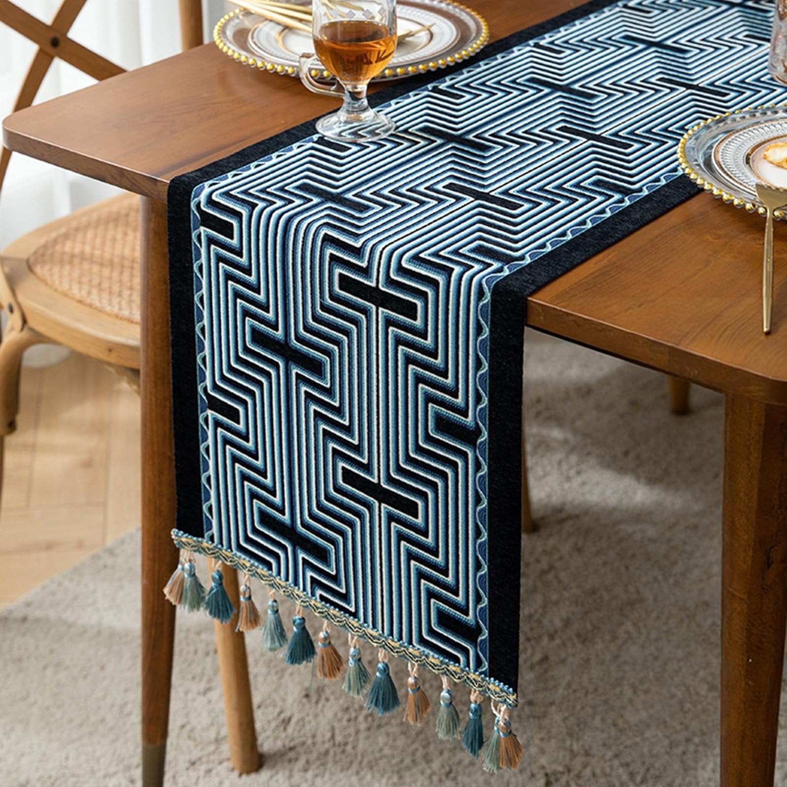 Camino de Mesa Rustico Poliéster, Caminos de Mesa Decorativo Salon 35x240 cm, Jacquard con Aspecto de Lino Y Rayas