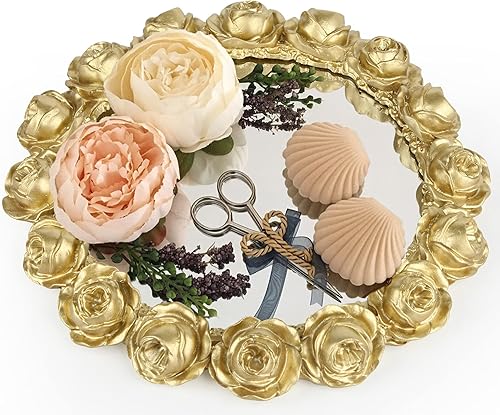 Miniatura 3 de Vixdonos Bandeja decorativa redonda para espejo de baño, bandeja de tocador con resina dorada rosa para perfume, joyería y maquillaje