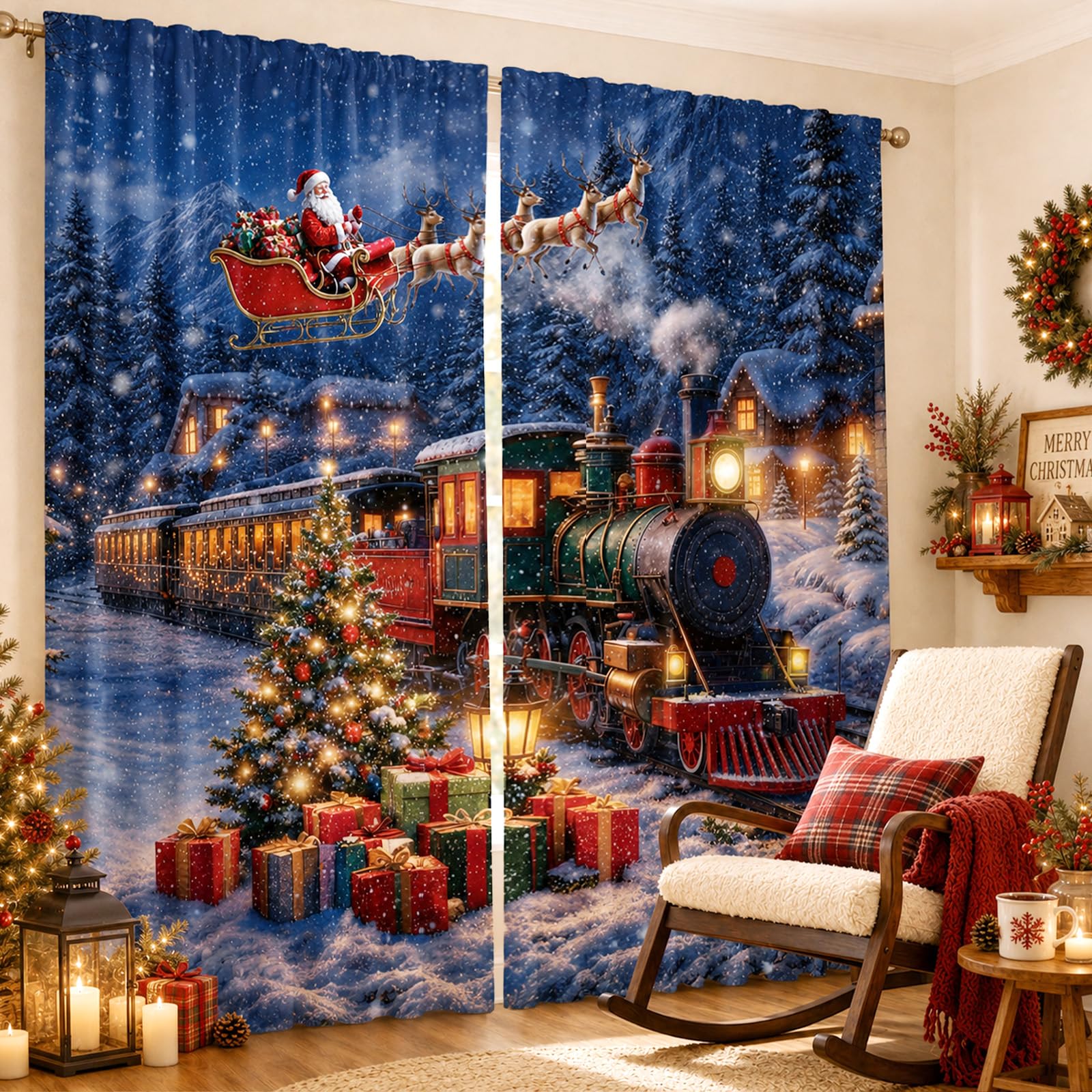 SmoothNovelty 2 Pcs Christmas Curtains for Living Room Santa Claus Train