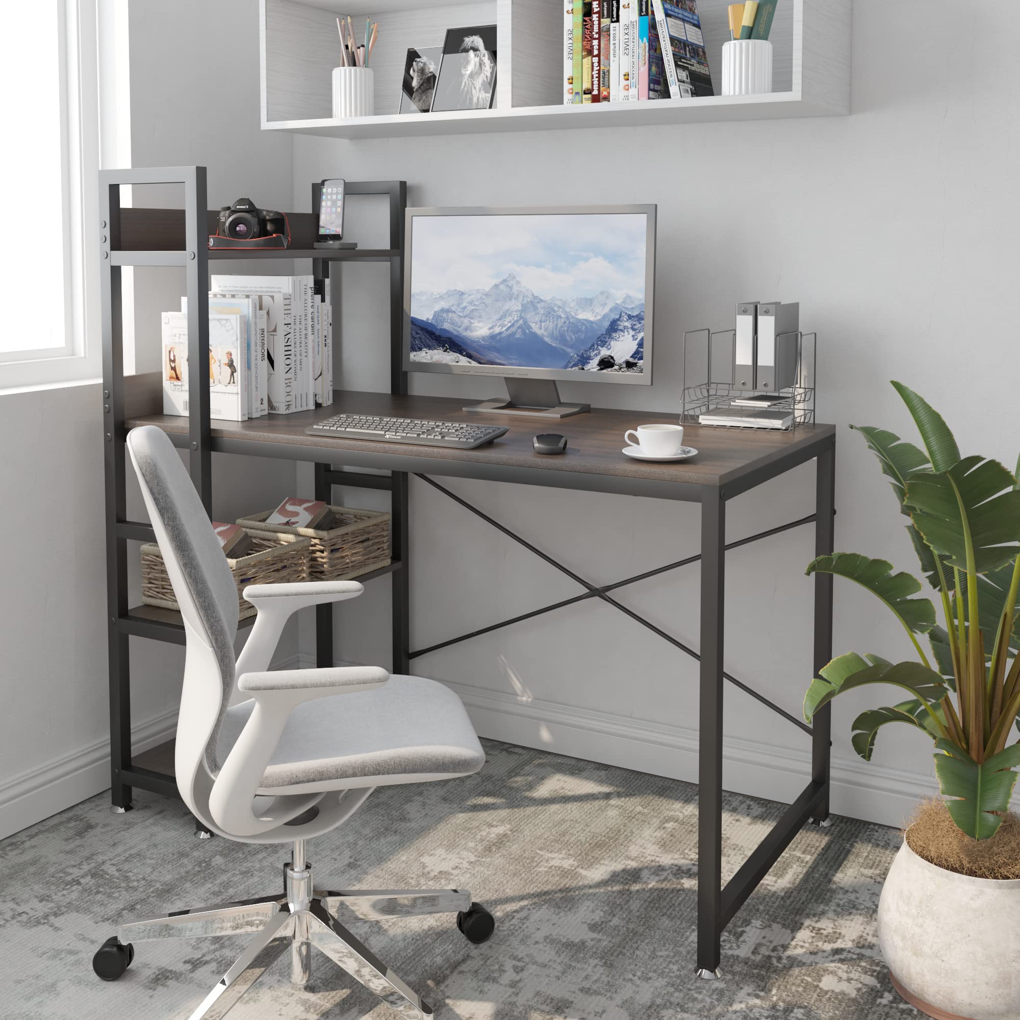 JSungo Computer Desk with 4 Tiers Shelves, 47 Inch Sturdy Table with Reversible Bookshelf for Home Office, Study Tower Desk for Small Space, Industrial Modern Style, Dark Brown