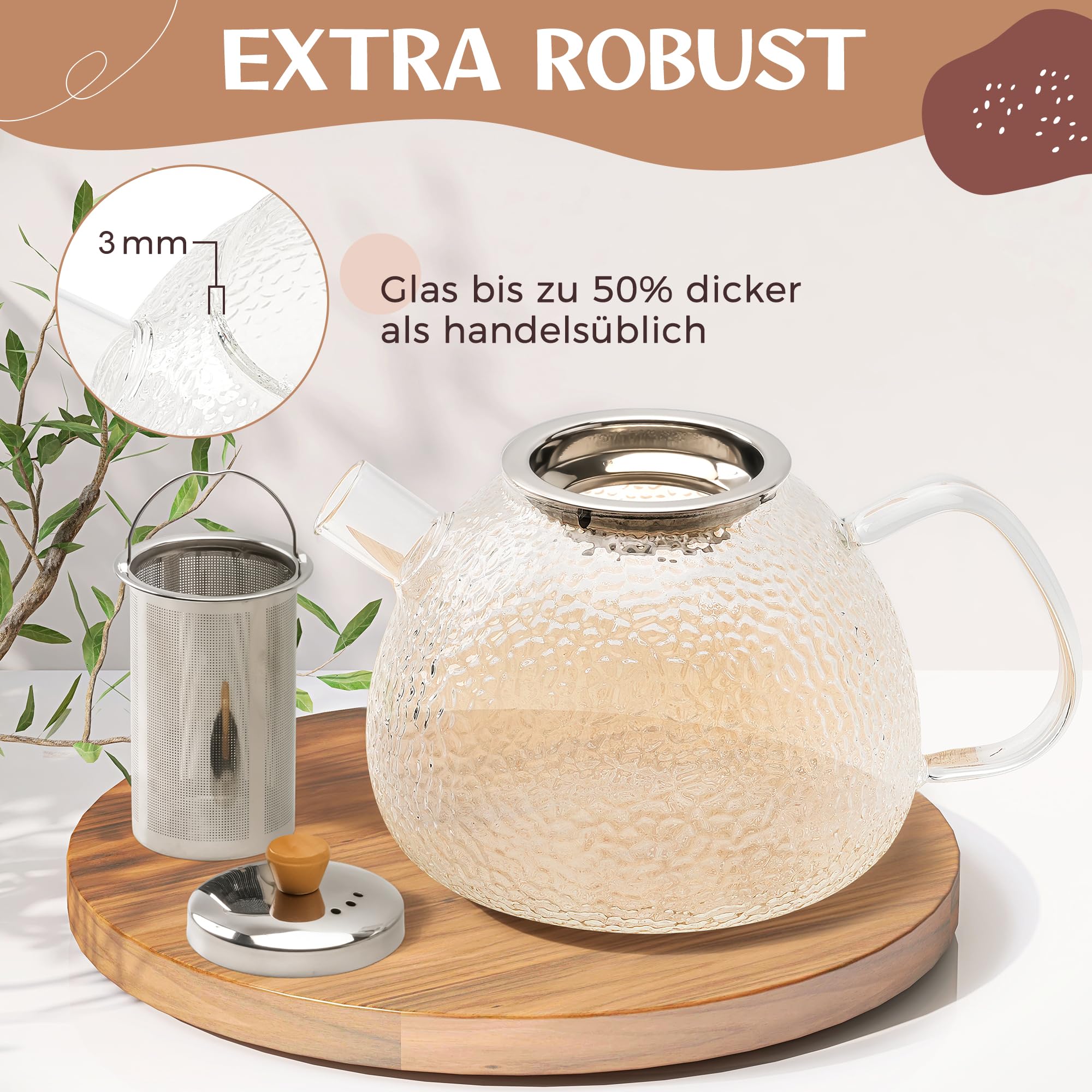 Glas Teekanne mit Siebeinsatz - 1,5 Liter - Erhöhte Glasstärke - Teekanne Glas - Teezubereiter für Losen Tee - robuster Teebereiter - Glaskanne Tee - Teegeschirr | Teezubehör