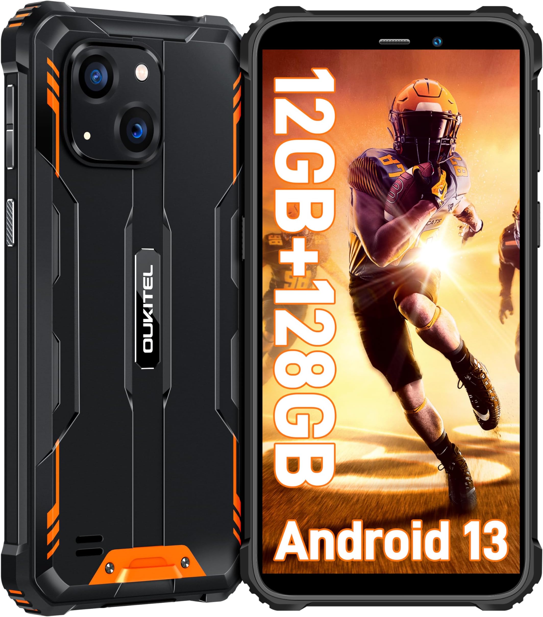 OUKITEL WP32 Rugged Smartphone - Android 13 Rugged Phone 12GB(4+8) RAM+128GB ROM, 6 Inches 6300mAh IP68/IP69K Waterproof Mobile Phones Dual SIM 4G, 20MP+5MP Camera,OTG,NFC,GPS, Orange