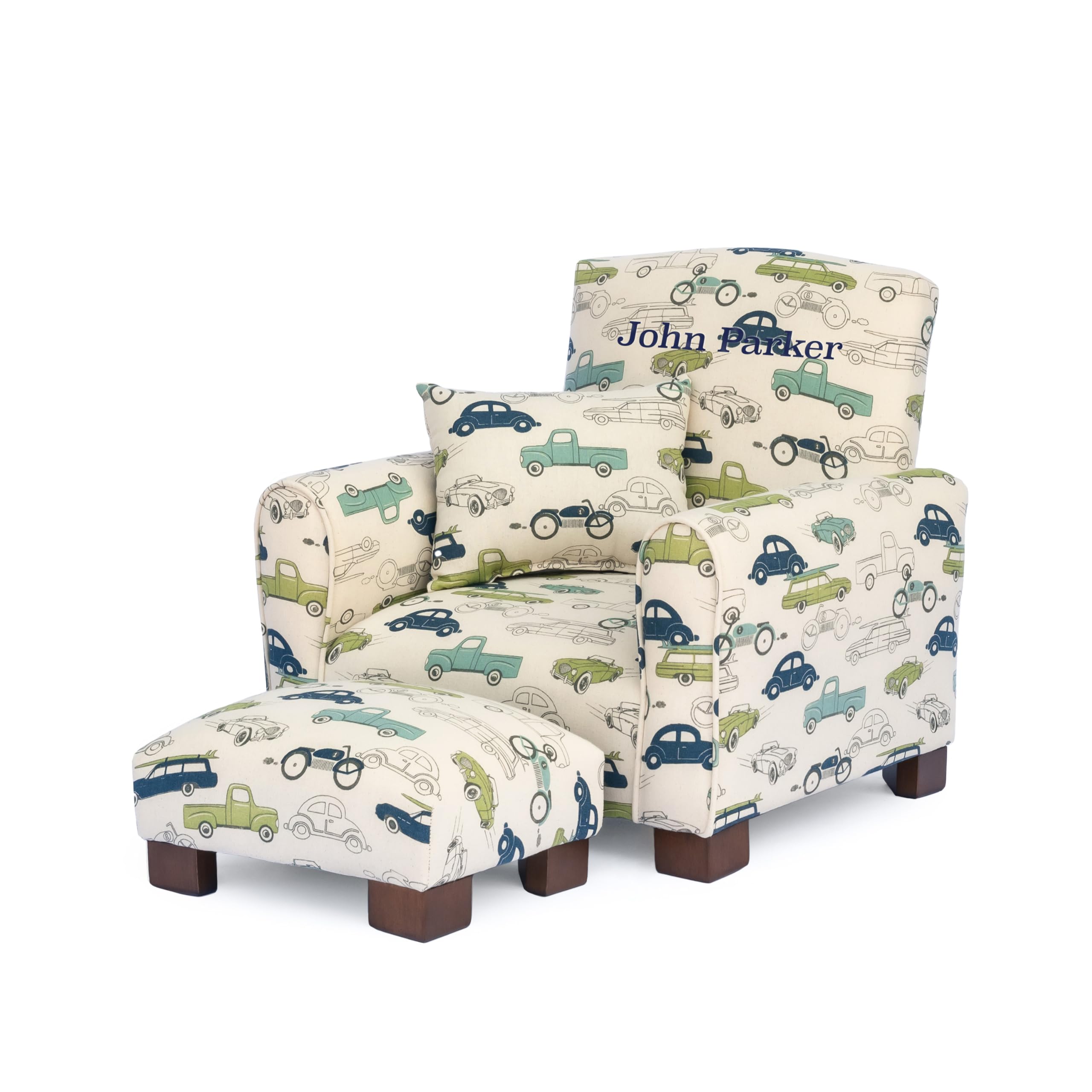 Toddler Personalized Armchair, Kids Upholstered Rocking Chair with Personalization, Toddler Chair with Personalized Name, Comfy Child Armchair, (Cars & Trucks Print, Legs)