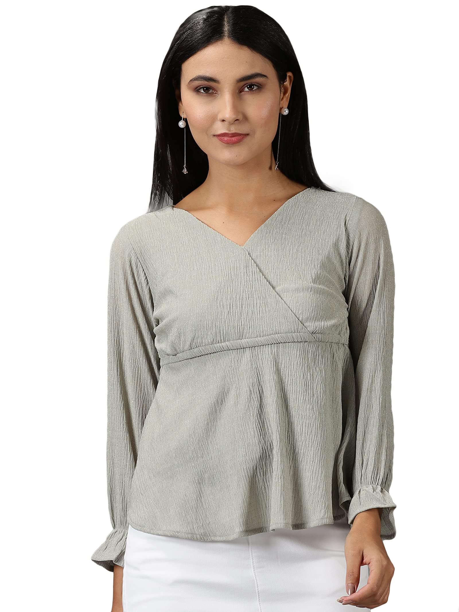 Women's V-Neck Self Design Regular Sea Green Wrap Tops-AE-7016_Seagreen