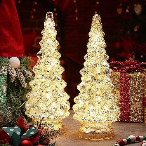 Baquler 2 figuras de vidrio iluminado para árbol de Navidad de 12.6 pulgadas, funciona con pilas, árbol de Navidad de vidrio plateado, árbol de