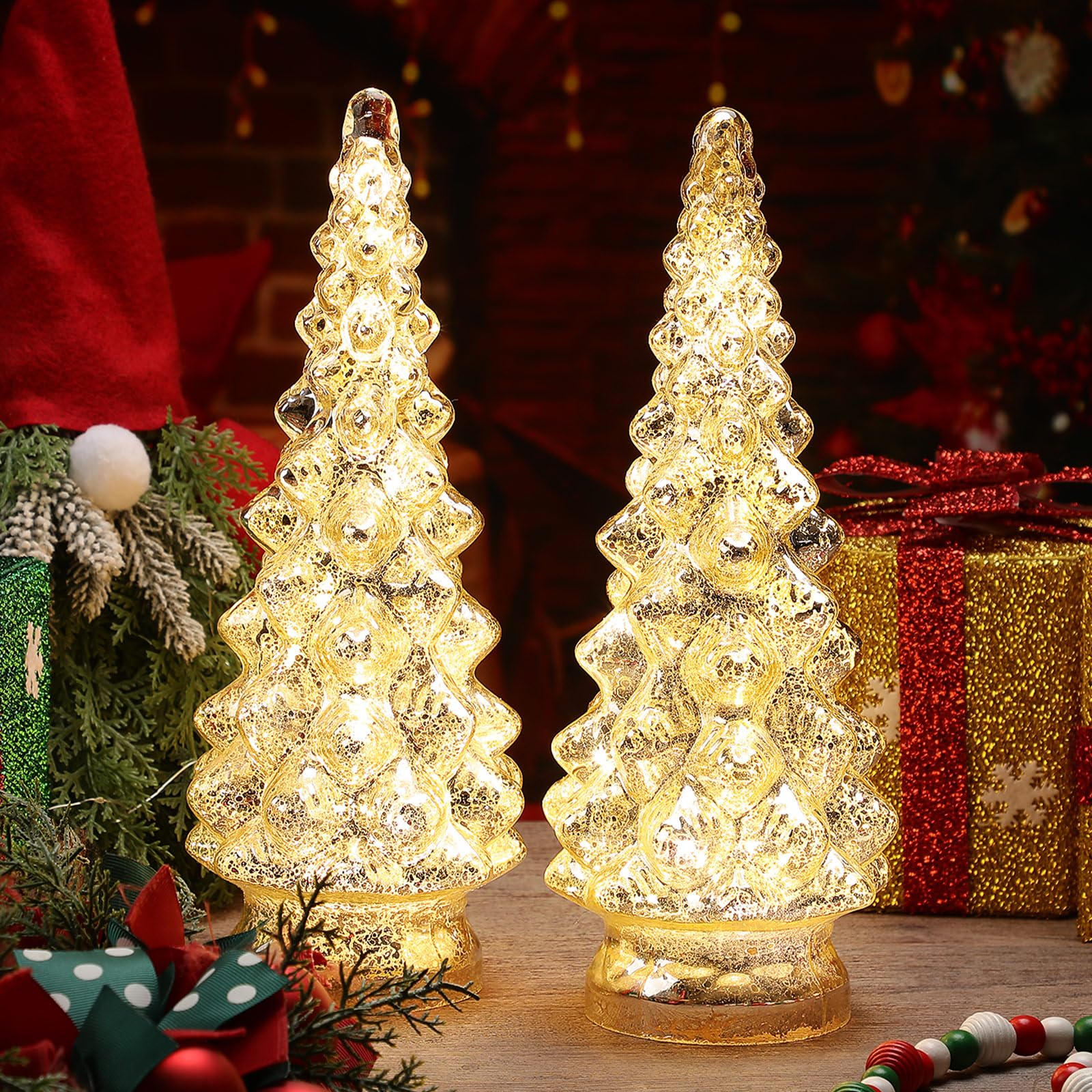 2 Pcs 12.6 Inch Lighted Glass Christmas Tree Figurine Battery Operated Silver Glass Christmas Tree Tabletop Xmas Decoration for Fireplace Mantel