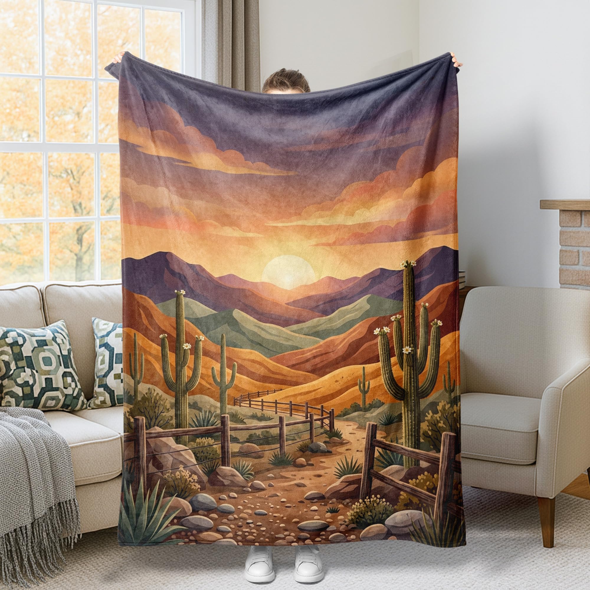 Jeté de lit molleton cactus et désert 152x203 cm pour décoration canapé