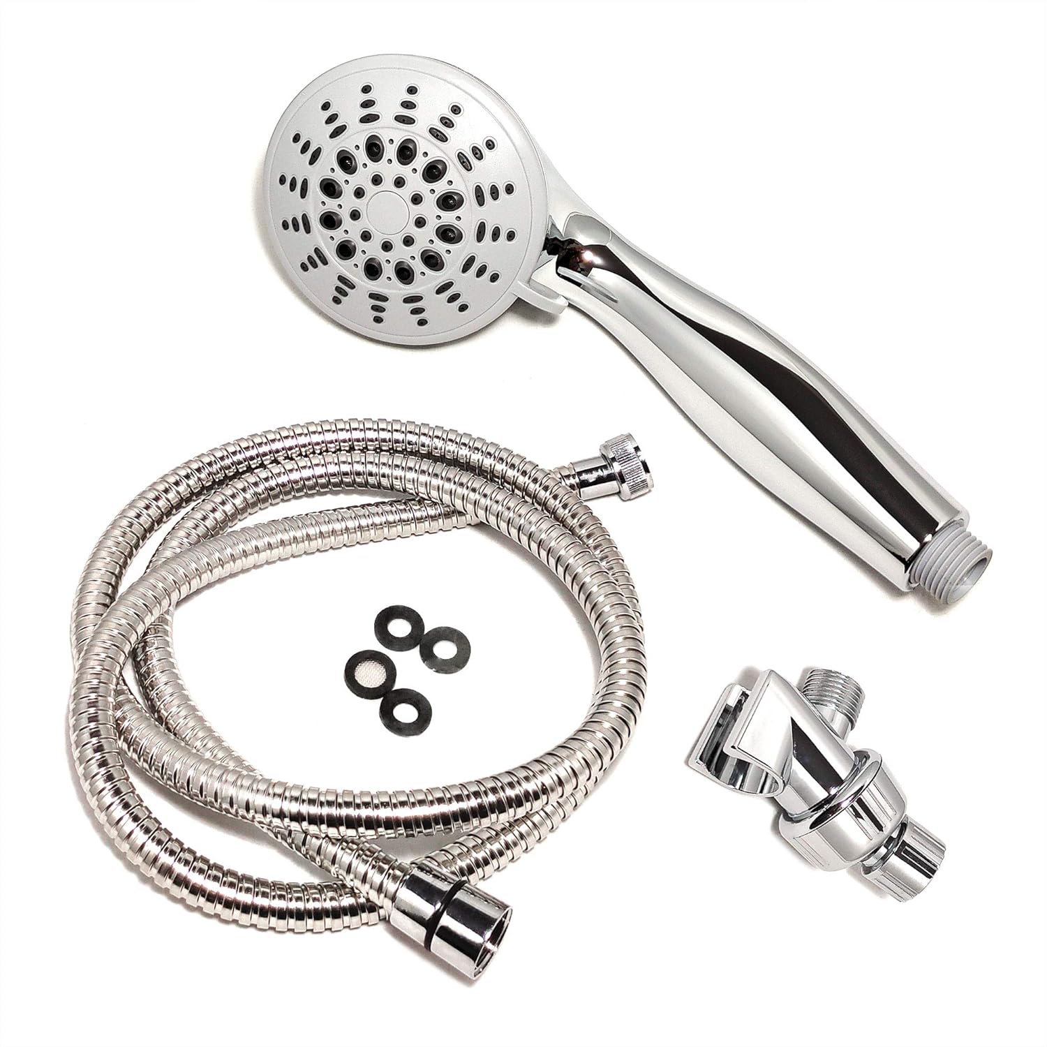 Lotus Set 5-Functions Handheld Shower with Pivot Ball Holder and 59 inch Stainless Steel Double Ring Flexible Hose, Polished Chrome Finish