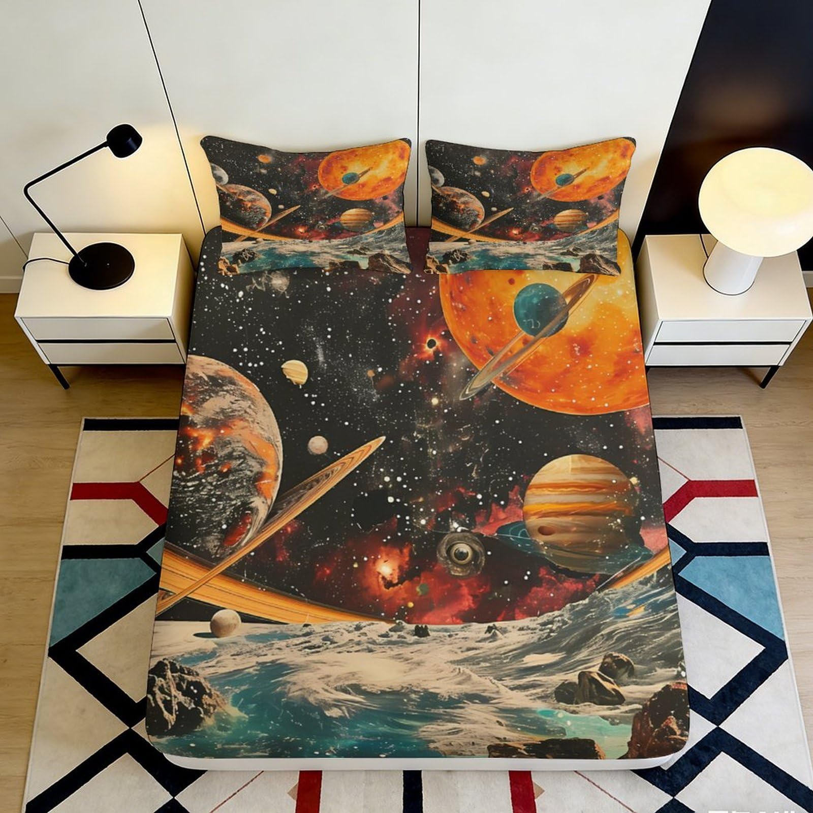 3D Printed Planet Galaxy Fitted Sheet Microfiber Soft Anti-Slip Cosmic Nebula Mattress Cover Bedroom Decor 90x200x25cm