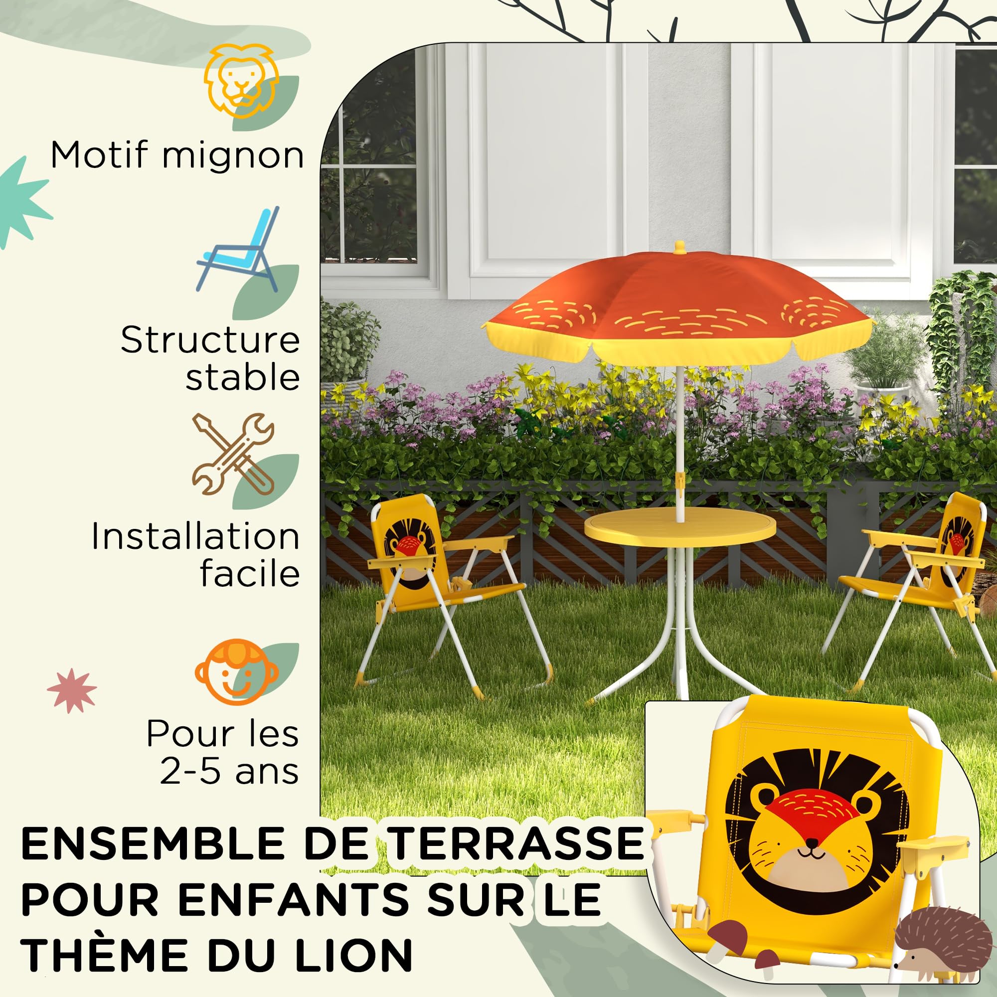 AIYAPLAY Ensemble salon de jardin extérieur enfant, table enfant avec chaise 4 pièces, motif éléphant et girafe, parasol réglable Ø 100 cm, chaise pliable, pour terrasse, balcon, plage, jaune