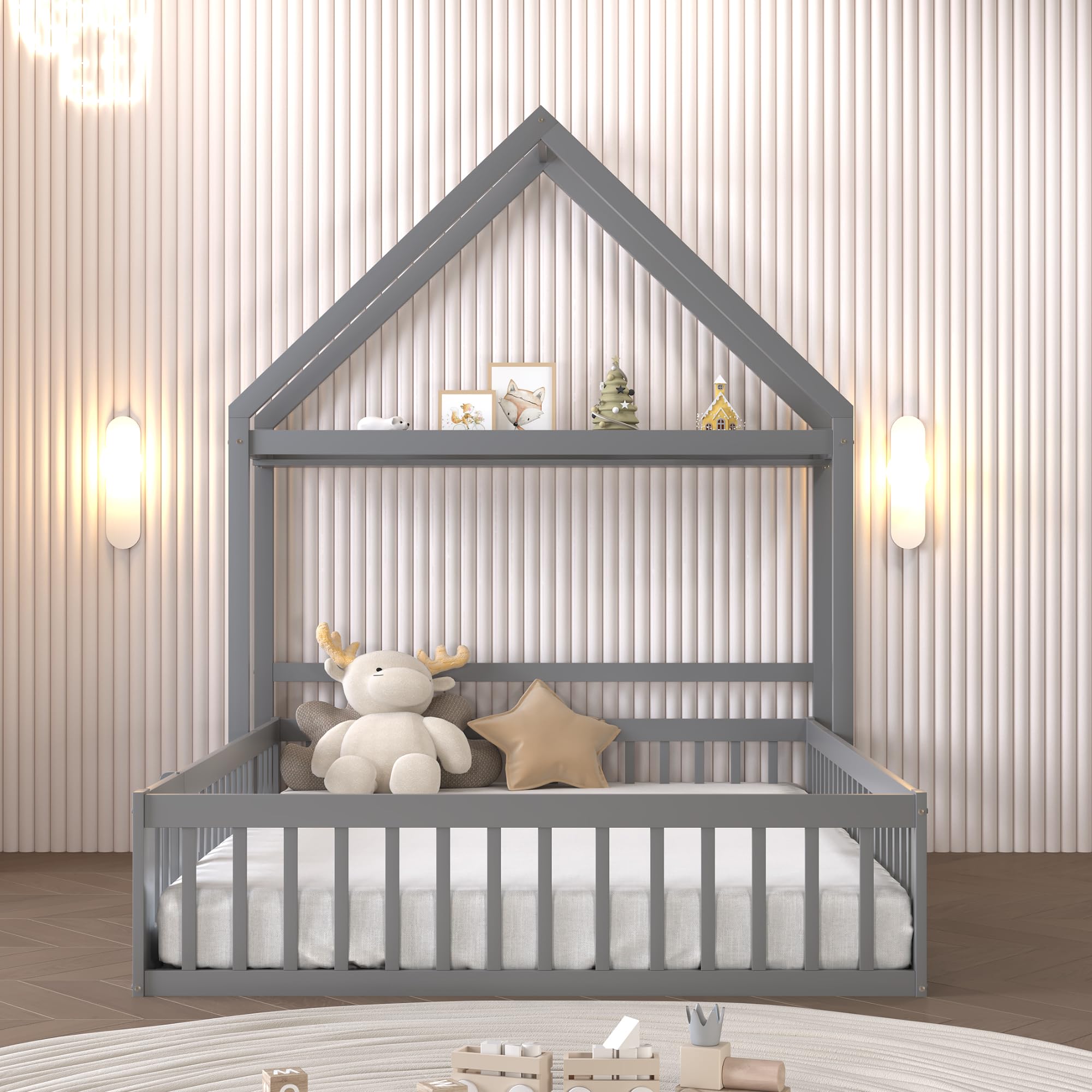 HAINEW Kinderbed vloerbed 90 × 200 cm met 60 cm hoog hek, houten kinderbed met kleine deur voor jongens en meisjes, 206 × 97 × 60 cm (wit