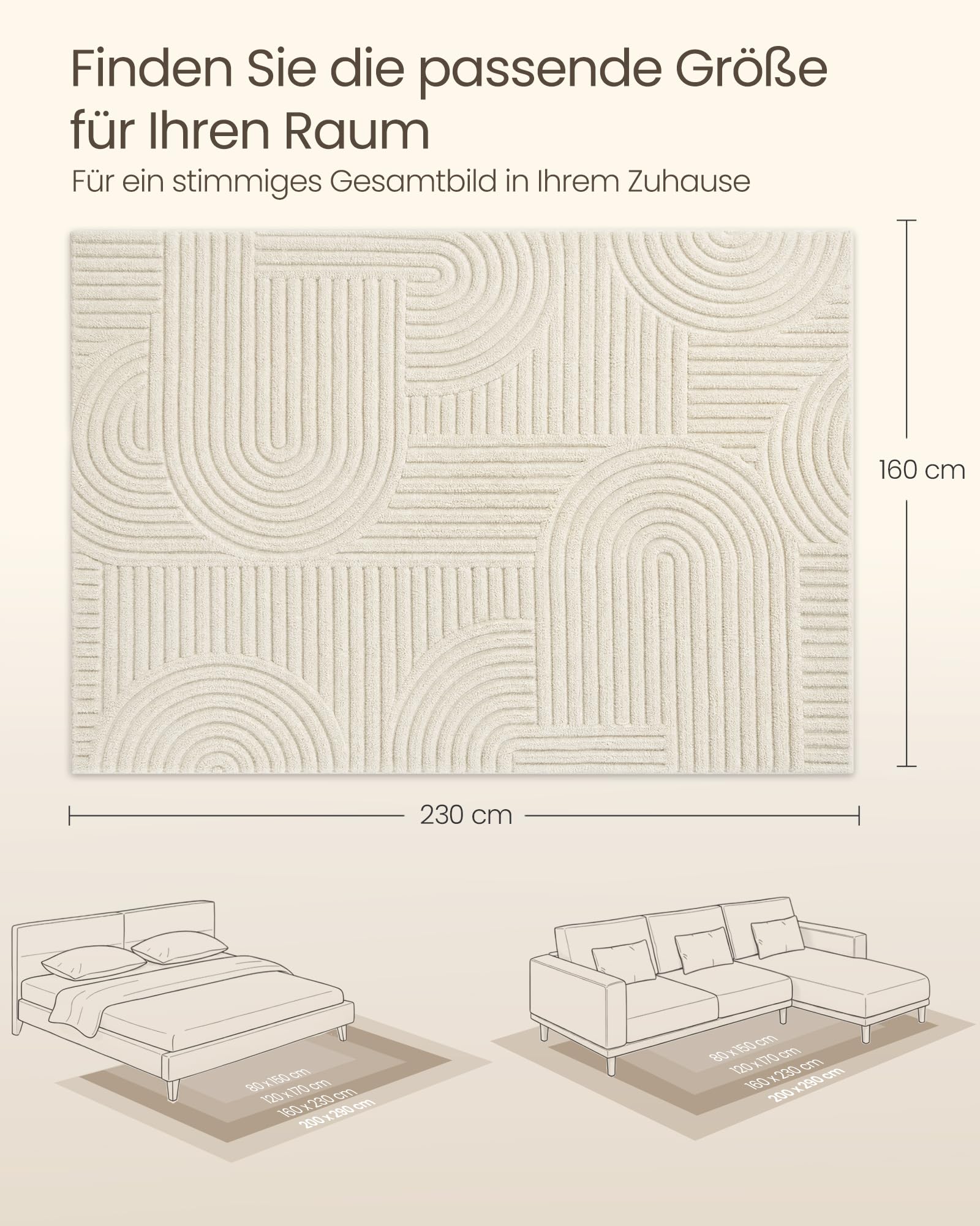 SONGMICS Teppich, 3D Hoch-Tief-Flor, Geometrisches Muster, 230 x 160 x 1 cm | Maschinenwaschbar, Rutschfeste TPR-Rückseite, für Wohnzimmer und Schlafzimmer, Cremeweiß, HILA Kollektion TAR134WZ02