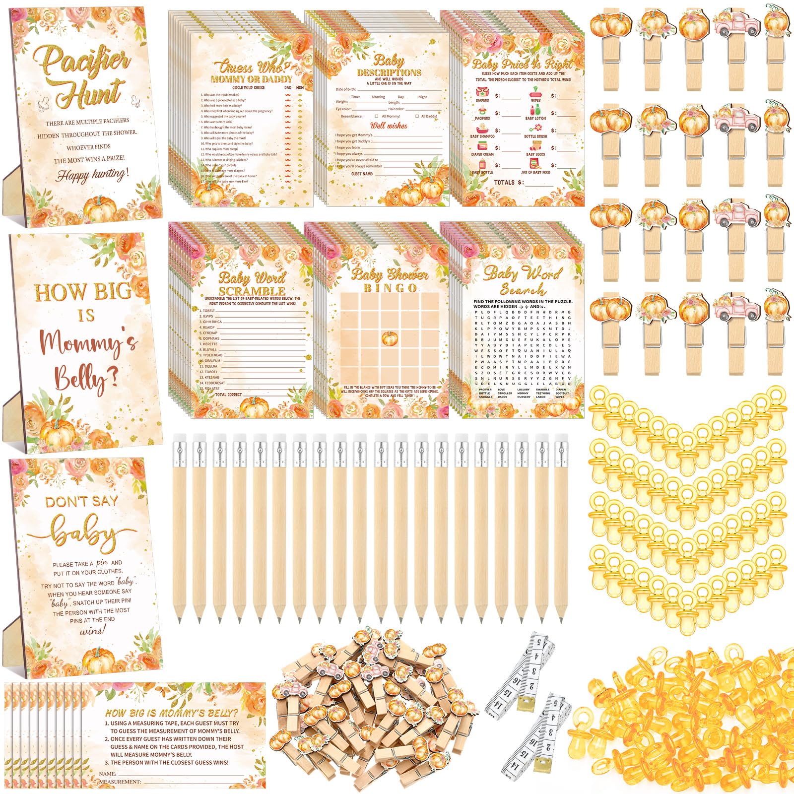 Sherr 476 Aquarell-Kürbis-Babyparty-Spiele, 6 Sets, Aktivitätskarten, Schnuller, Jagdspiel, 50 Schnuller, How Big Is Mommy's Belly Schild, 50 Ratekarten, 2 Maßbänder, "Don't Say Baby", 50
