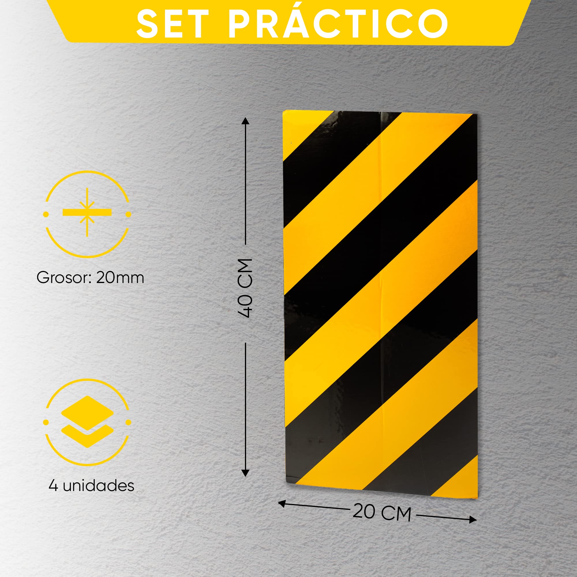 NURADA Protector Columnas Garaje. 4 Unidades. Protector Pared Garaje. Protección Espuma Adhesiva Columnas Cuadradas. Goma Puertas Garaje/Parking. Arañazos Coche, 40x20x2cm (Reflectante Amarillo)