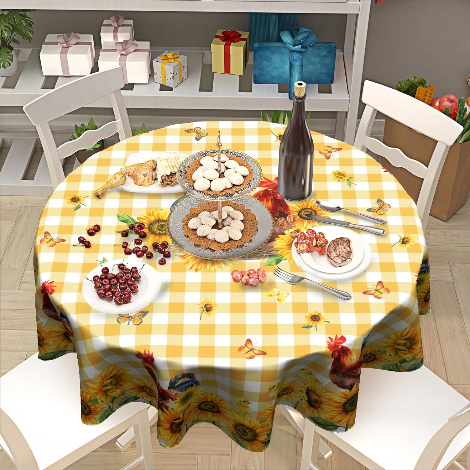 Rooster Round Tablecloth 60 Inch - Sunflower Chicken Table Cloth Farmhouse Animal Tablecloth Floral Butterfly Buffalo Plaid Table Cover for Kitchen Dining Indoor Outdoor - Image 7