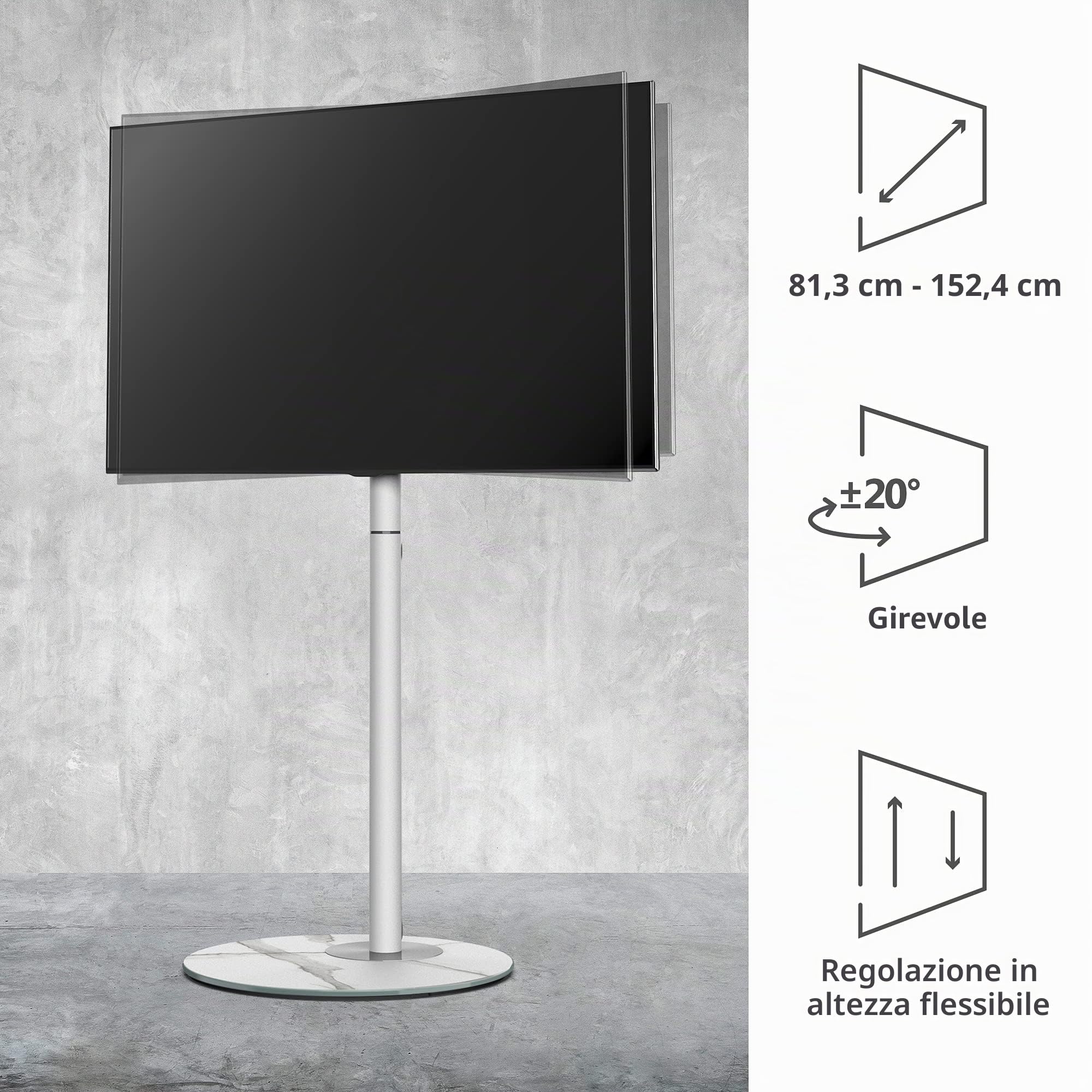 FITUEYES Supporto TV da pavimento di in stile scandinavo per supporto TV ad angolo da 32" a 60" serie Master con base in vetro strutturato Rockslab Gestione dei cavi nascosta