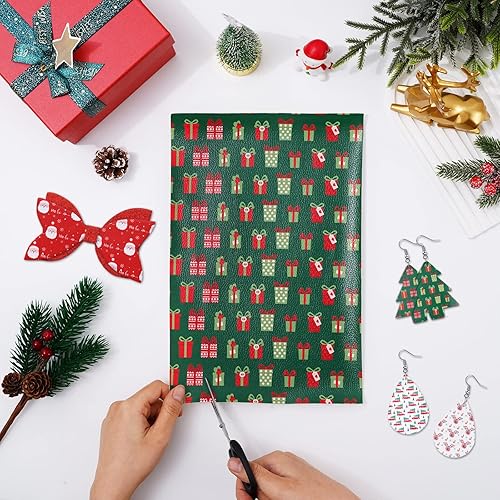 Miniatura 4 de AnyDesign 12 hojas de cuero sintético de Navidad tela de cuero de Navidad transparente Papá Noel reno impreso cuero sintético para Navidad