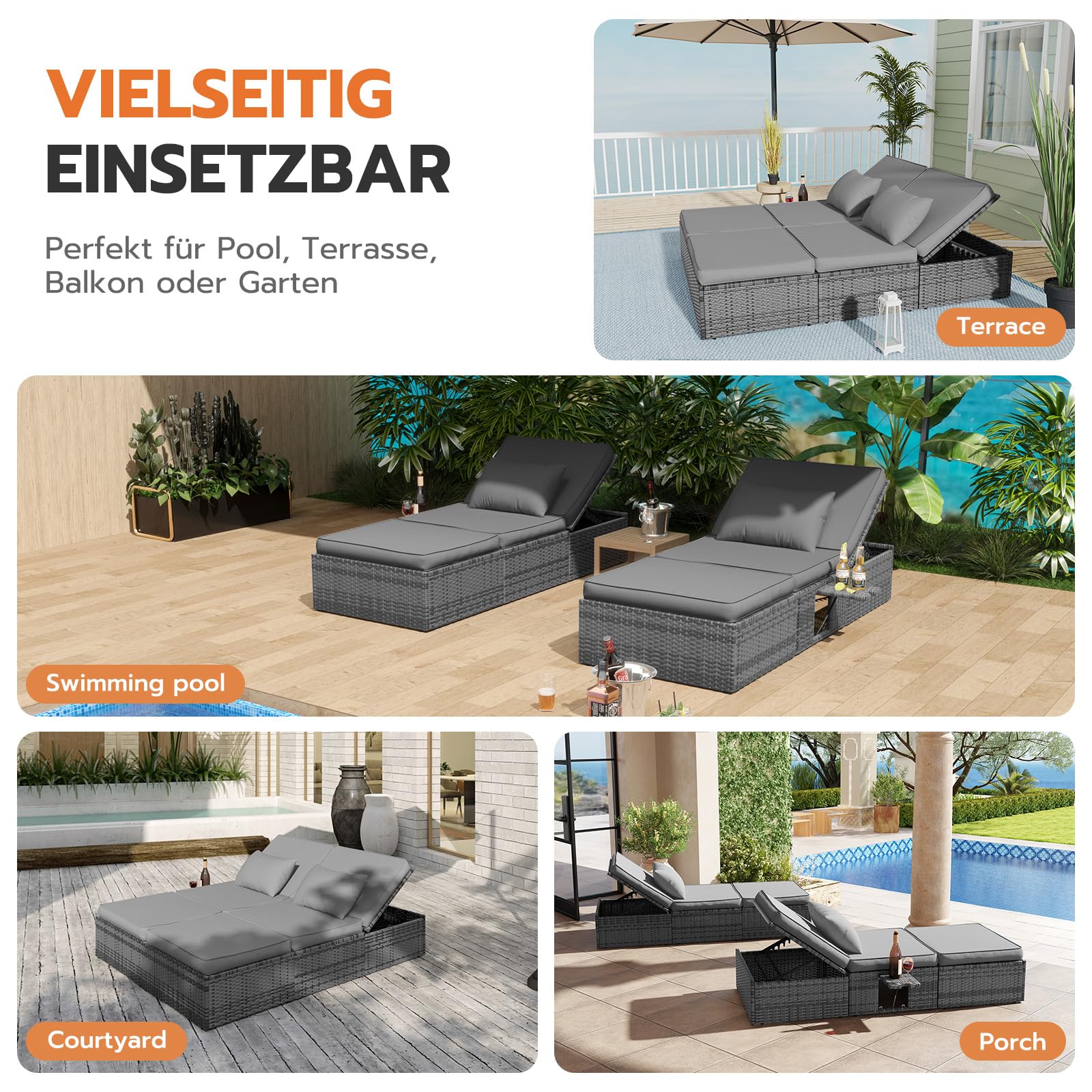 Amopatio Sonnenliege 2 Personen mit Klapptisch, XXL Wetterfest Gartenliege 200kg Belastbar, 200x160x30cm Rattan Doppelliege Gartenlounge Liegestuhl Verstellbar für Garten, Balkon & Terrasse, Grey