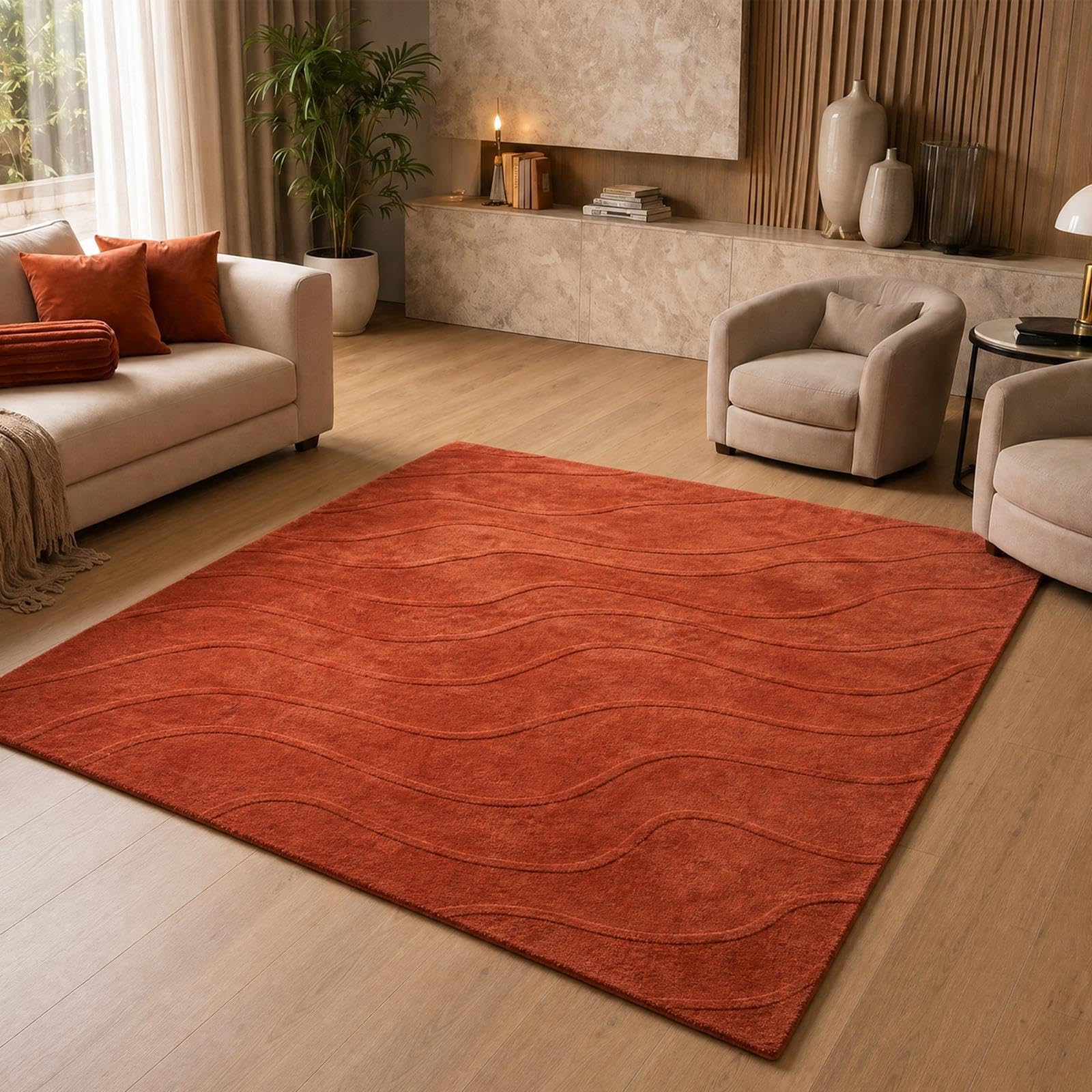 OHS Rugs Living Room Large 160x230 Tufted Contour Fluffy Rug Non Slip, Rust — image 1