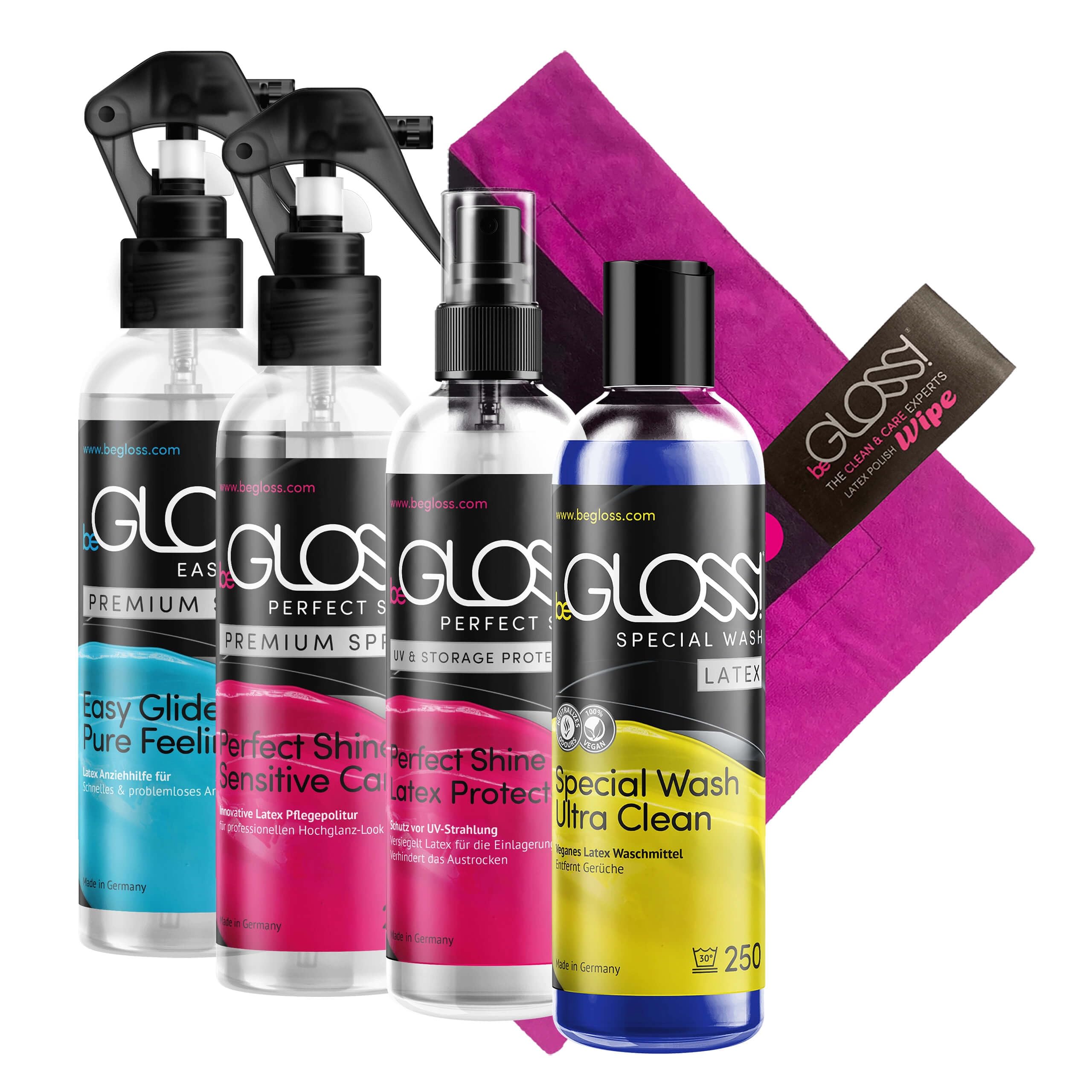 Latex Pflege PREMIUM SET - Latexpolitur Perfect SHINE SPRAY - Special WASH LATEX Waschmittel - WIPE Latexpoliertuch Small - Latexanziehhilfe EASY GLIDE SPRAY + UV & STORAGE PROTECTION Spray