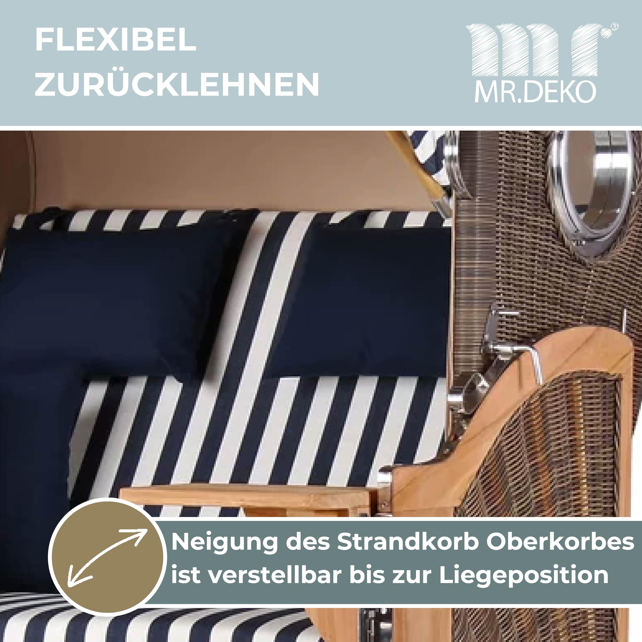 MR. DEKO® Strandkorb Düne Teak 2-Sitzer Bullauge | PE Geflecht Grey | Volllieger Strandstuhl verstellbar | inkl. 4 Kissen Wechselpolster | Strandkörbe fertig montiert aus Teakholz | (Dessin 518)